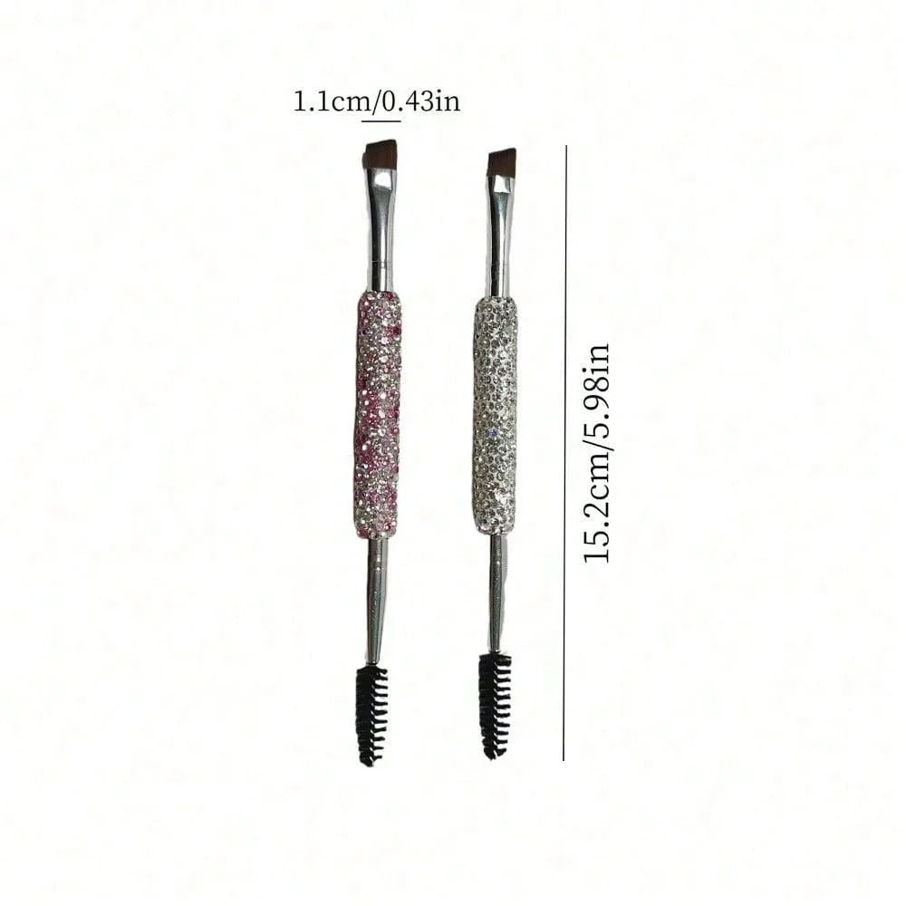 Local1pc Luxury Makeup Brush - Dual-Ended, Sparkling Rhinestone Handle, Nylon Bristles For Eyebrows & Eyeliner, Portable Travel Size