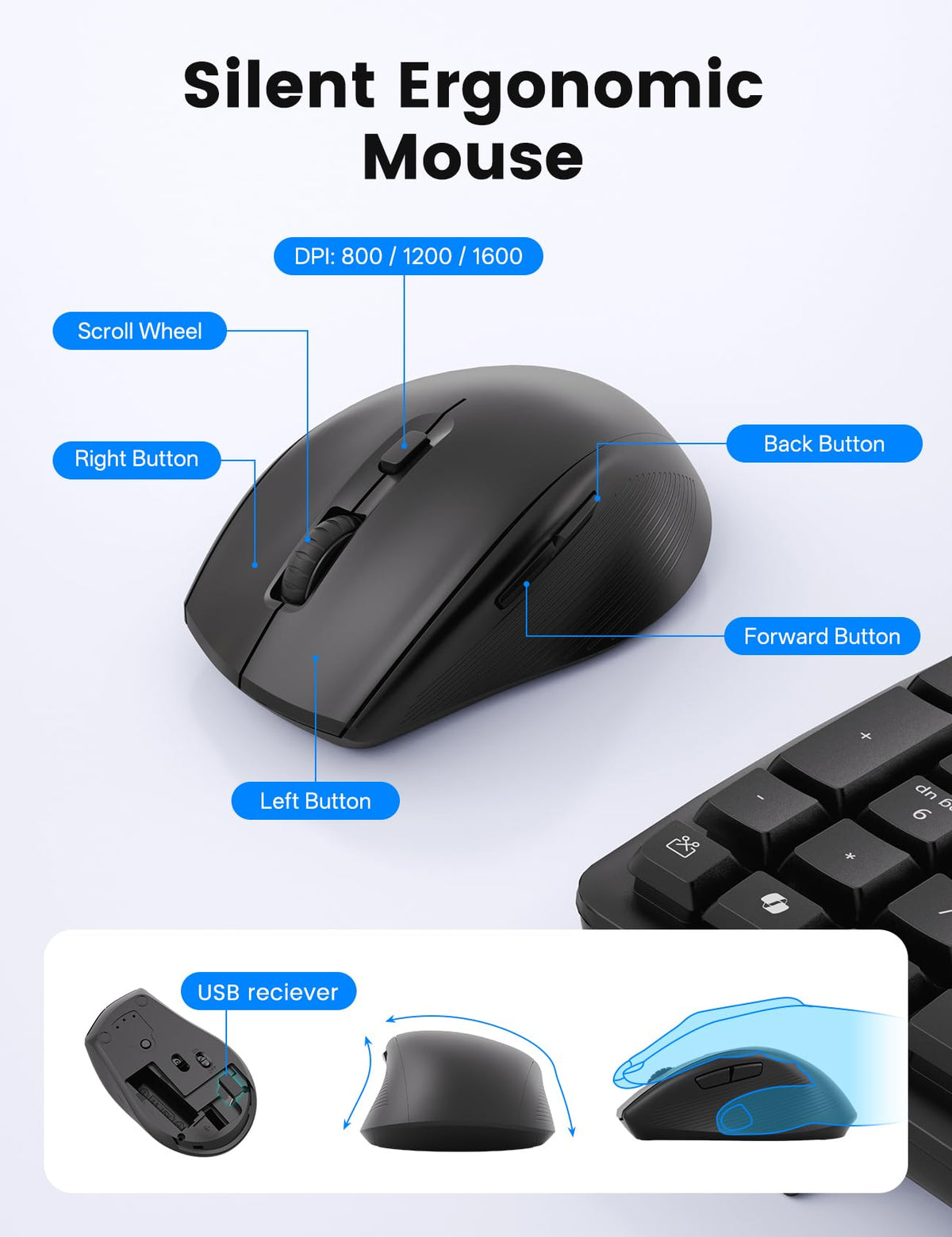 SABLUTE Wireless Keyboard and Mouse Combo, Ergonomic Wave, 30dB Quiet, MA41