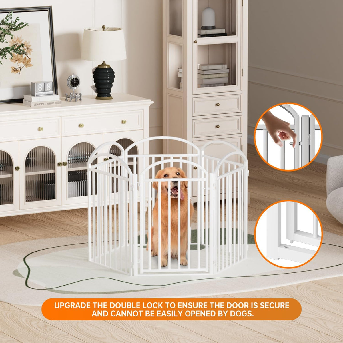 6 Panles Full Matel Freestanding Dog Gates with Door, 144"Extra Wide 32"Tall Free Standing Dog Pet Gate for Indoor & Outdoor. Foldable Pet Fences for Doorways, House, Stairs, Porch, Deck, Yard