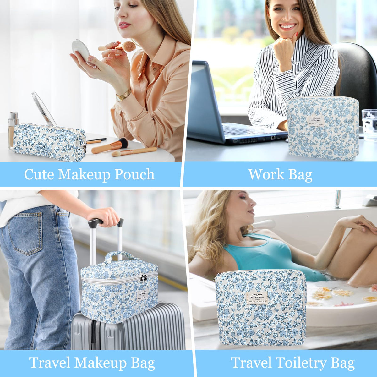 Gosect Makeup Bag, Large Quilted Cosmetic Bag, Big Floral Make Up Bag for Women Girls, Cute Cotton Makeup Bag Set, Flower Travel Toiletry Organizer Bag (Blue Flower)