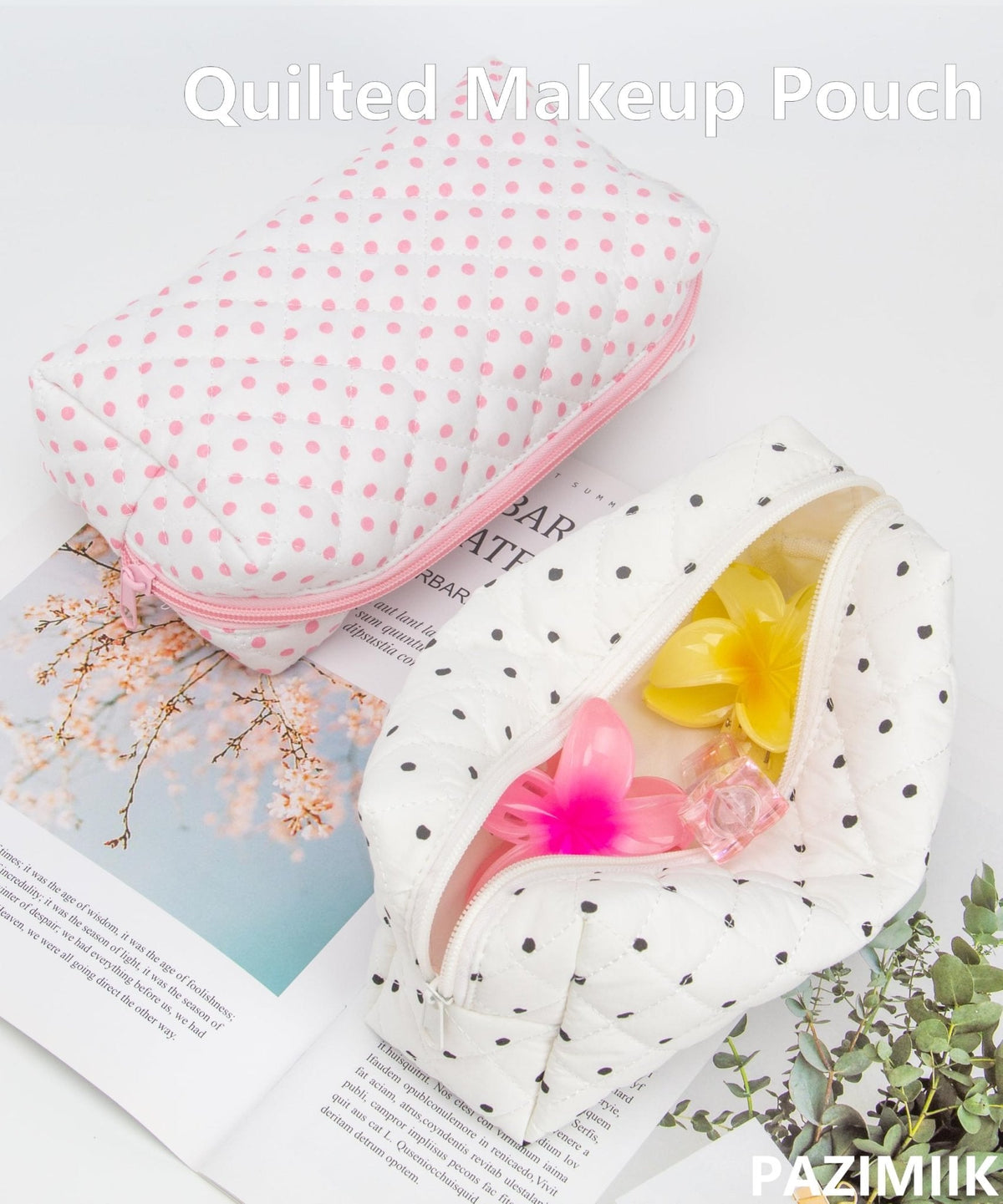 PAZIMIIK Small Quilted Makeup Bag,Zipper Cosmetic Pouch,Polka Dot White