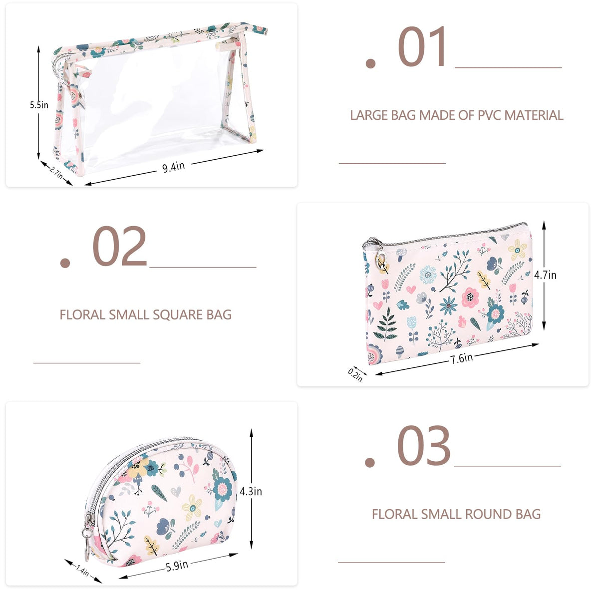Richeart Makeup Bag, Clear Bag with Zipper, 3PC Floral Flowers Makeup Pouch, Waterproof Small Pouch, Portable Travel Toiletry Bag, C
