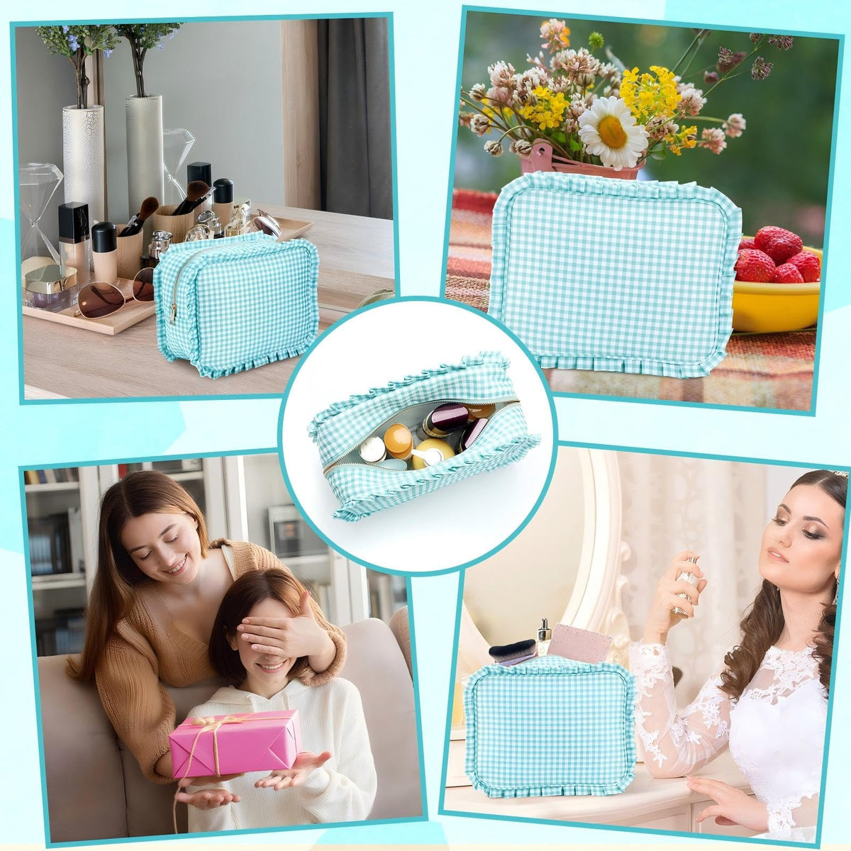 SilTriangle Mint Gingham Ruffle Makeup Bag 10 x 8 x 4.5 Inches Large Ruffle Pouch Travel Cute Checkered Cosmetic Toiletry Bag with Zipper for Women Girls, Toiletry Pouch Make up Organizer Gift