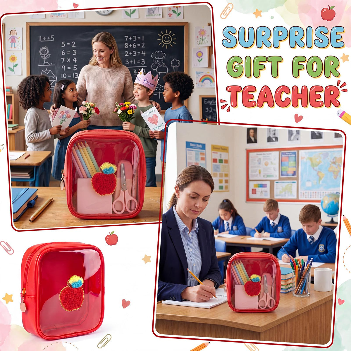 Sunnymove 6 Pcs Back to School Gifts for Teacher Mini Clear Makeup Bags with Zipper PVC Cosmetic Pouch Red Apple Makeup Bags Waterproof Pencil Pouch for Teacher Appreciation Gift