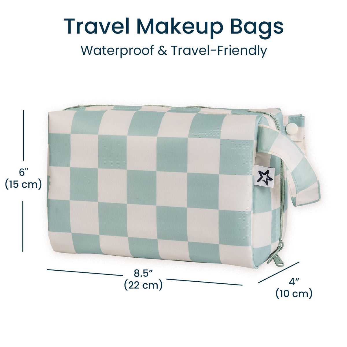 Tiny Twinkle Waterproof Travel Toiletry & Makeup Bag Organizer | Makeup Pouch with Multiple Compartments & Snap Handle for Travel | Gift for Women(Sage Checkers