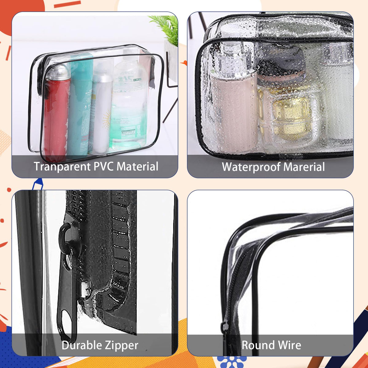 16 Pieces Clear Makeup Bags Bulk, TSA Approved Toiletry Bag for Travel, PVC Waterproof Travel Small Pouches Clear Pouch with Zipper for Men and Women Carry-on Travel Essentials Cosmetic Bags (Black)