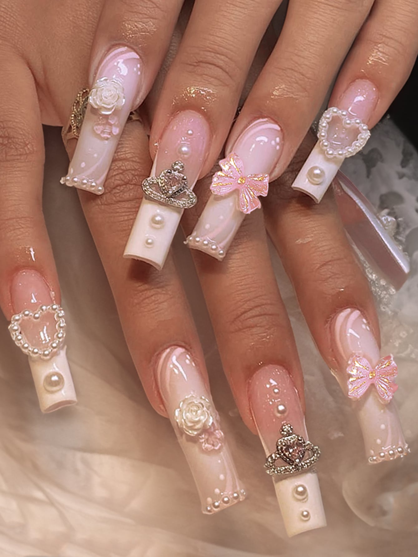 24pcs Luxury Extra Long Rectangular Nail Stickers, Decorated With 3D Golden Butterfly & Rhinestone Patterns, Champagne Warm Tones, Full Coverage, Suitable For Women, Girls, Parties, Dancing, Easy To Apply And Remove