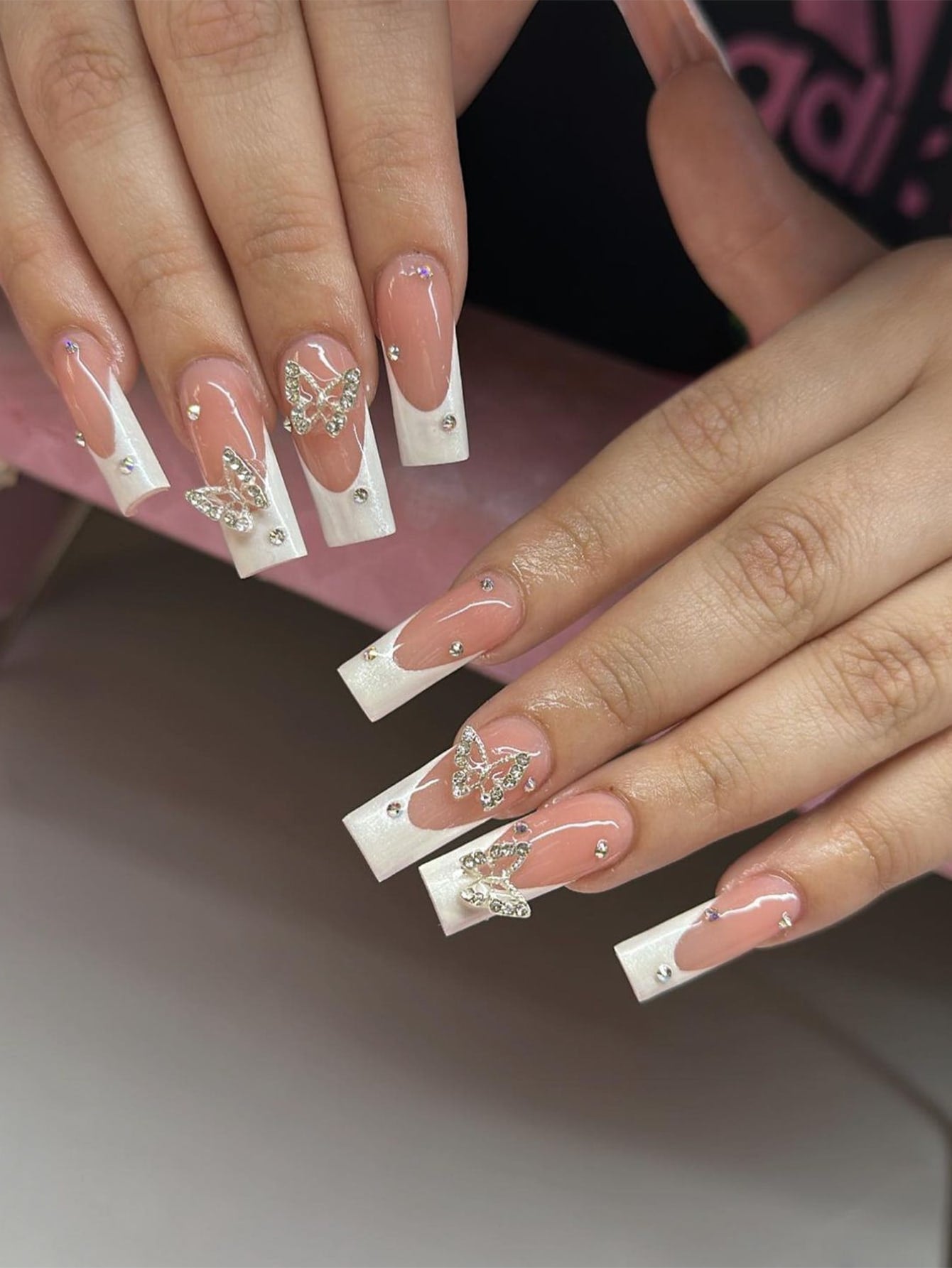 24pcs Luxury Extra Long Rectangular Nail Stickers, Decorated With 3D Golden Butterfly & Rhinestone Patterns, Champagne Warm Tones, Full Coverage, Suitable For Women, Girls, Parties, Dancing, Easy To Apply And Remove