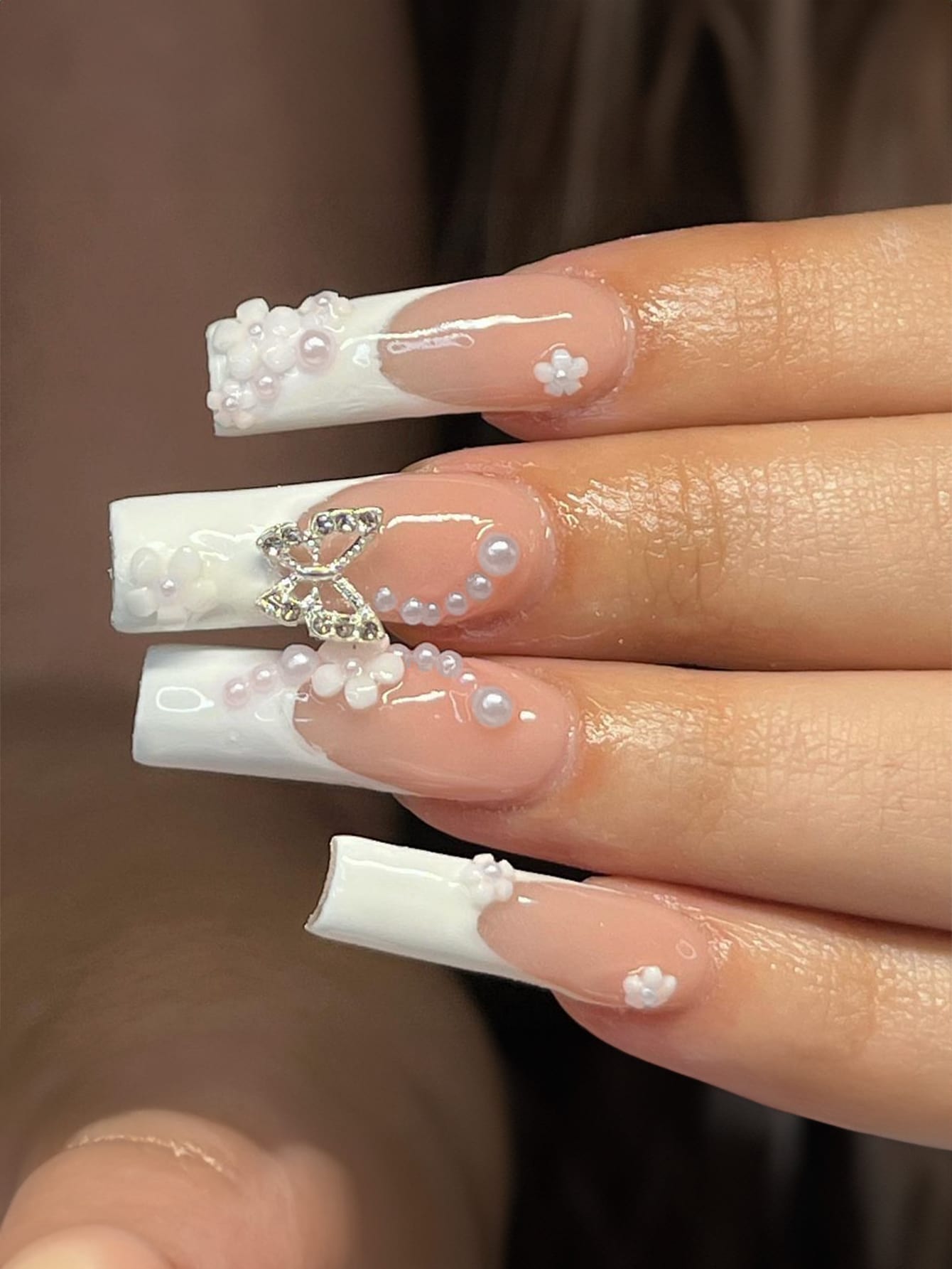 24pcs Luxury Extra Long Rectangular Nail Stickers, Decorated With 3D Golden Butterfly & Rhinestone Patterns, Champagne Warm Tones, Full Coverage, Suitable For Women, Girls, Parties, Dancing, Easy To Apply And Remove