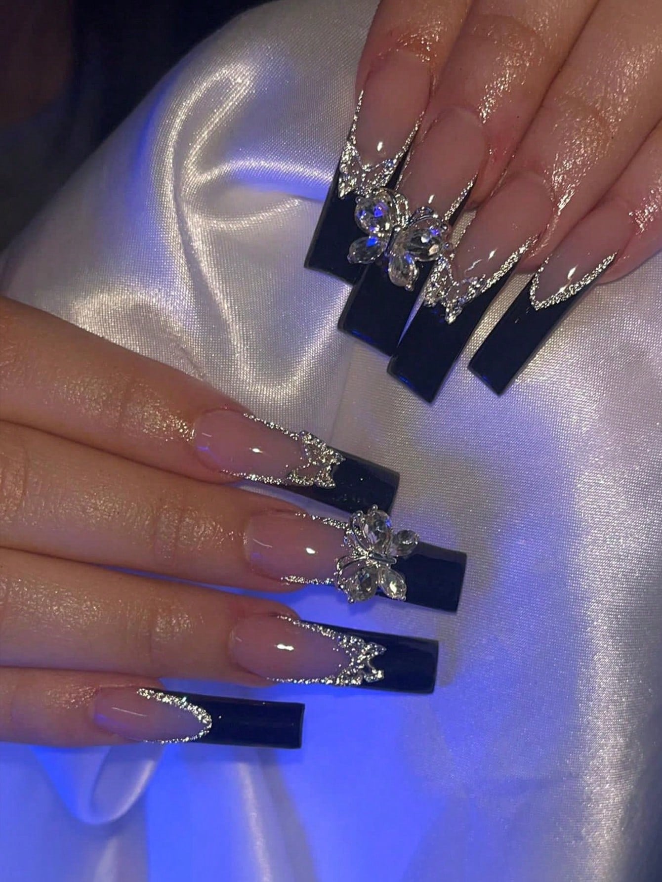 24pcs Luxury Extra Long Rectangular Nail Stickers, Decorated With 3D Golden Butterfly & Rhinestone Patterns, Champagne Warm Tones, Full Coverage, Suitable For Women, Girls, Parties, Dancing, Easy To Apply And Remove