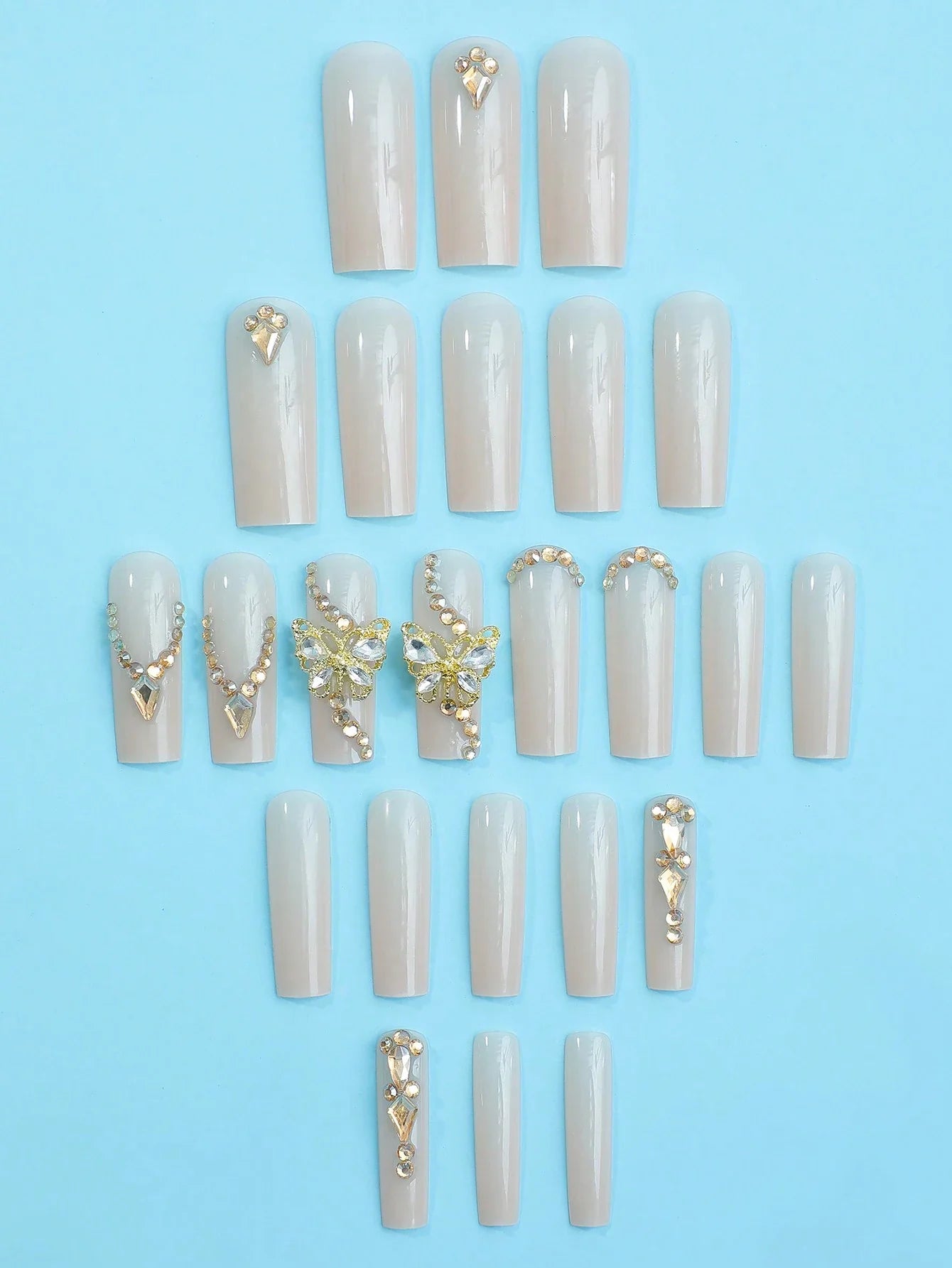 24pcs Luxury Extra Long Rectangular Nail Stickers, Decorated With 3D Golden Butterfly & Rhinestone Patterns, Champagne Warm Tones, Full Coverage, Suitable For Women, Girls, Parties, Dancing, Easy To Apply And Remove