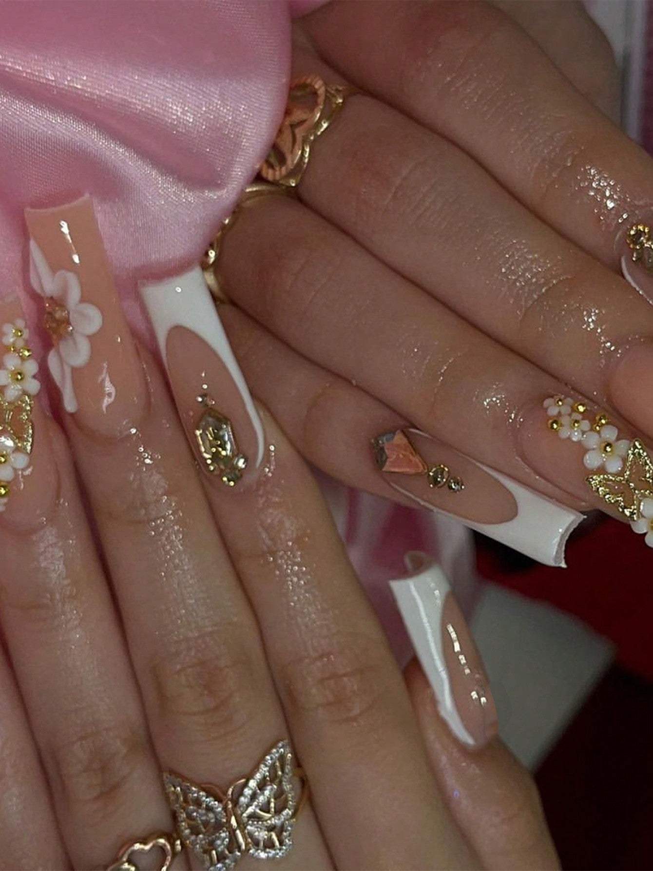 24pcs Luxury Extra Long Rectangular Nail Stickers, Decorated With 3D Golden Butterfly & Rhinestone Patterns, Champagne Warm Tones, Full Coverage, Suitable For Women, Girls, Parties, Dancing, Easy To Apply And Remove