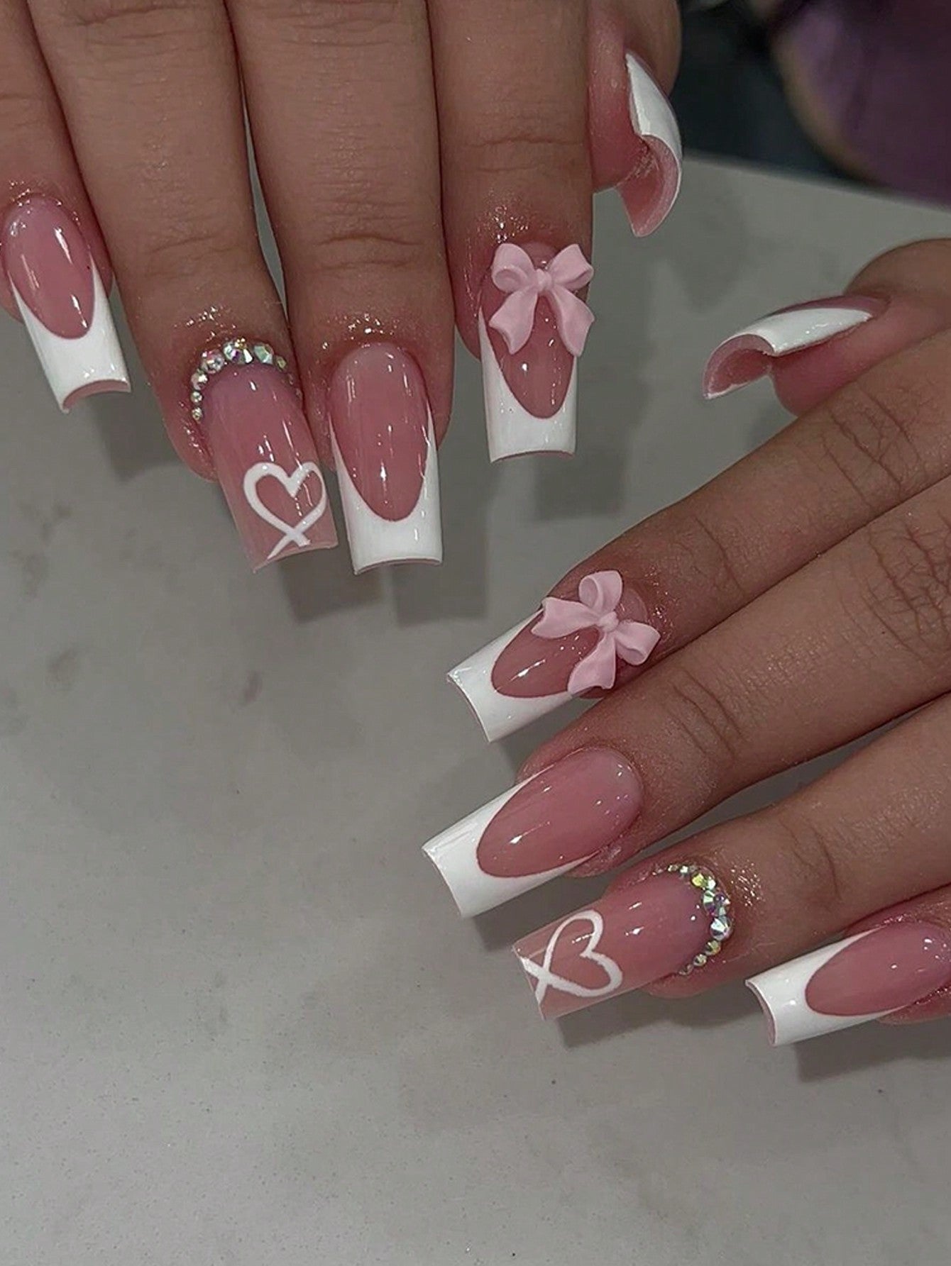 24pcs Medium Almond Shaped Press-On Nails, Romantic Pink Heart & Rhinestone Decor Artificial Nails, Create Romantic Style, Valentine's Day Manicure Gift