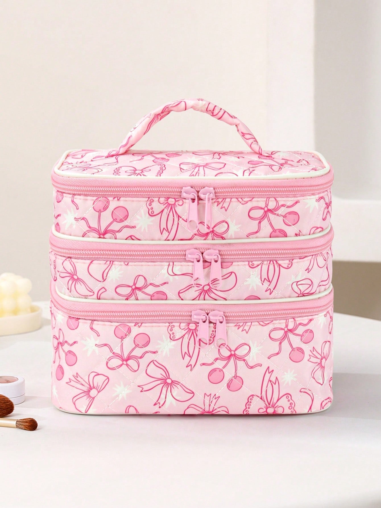 Ashley Baxter Artist Bow And Cherry Pattern Fashionable Kawaii Cute 3 Layers Cosmetic Bag For Storage, Square-Shaped Makeup Bags, For Holiday, New Year, Valentine's Day