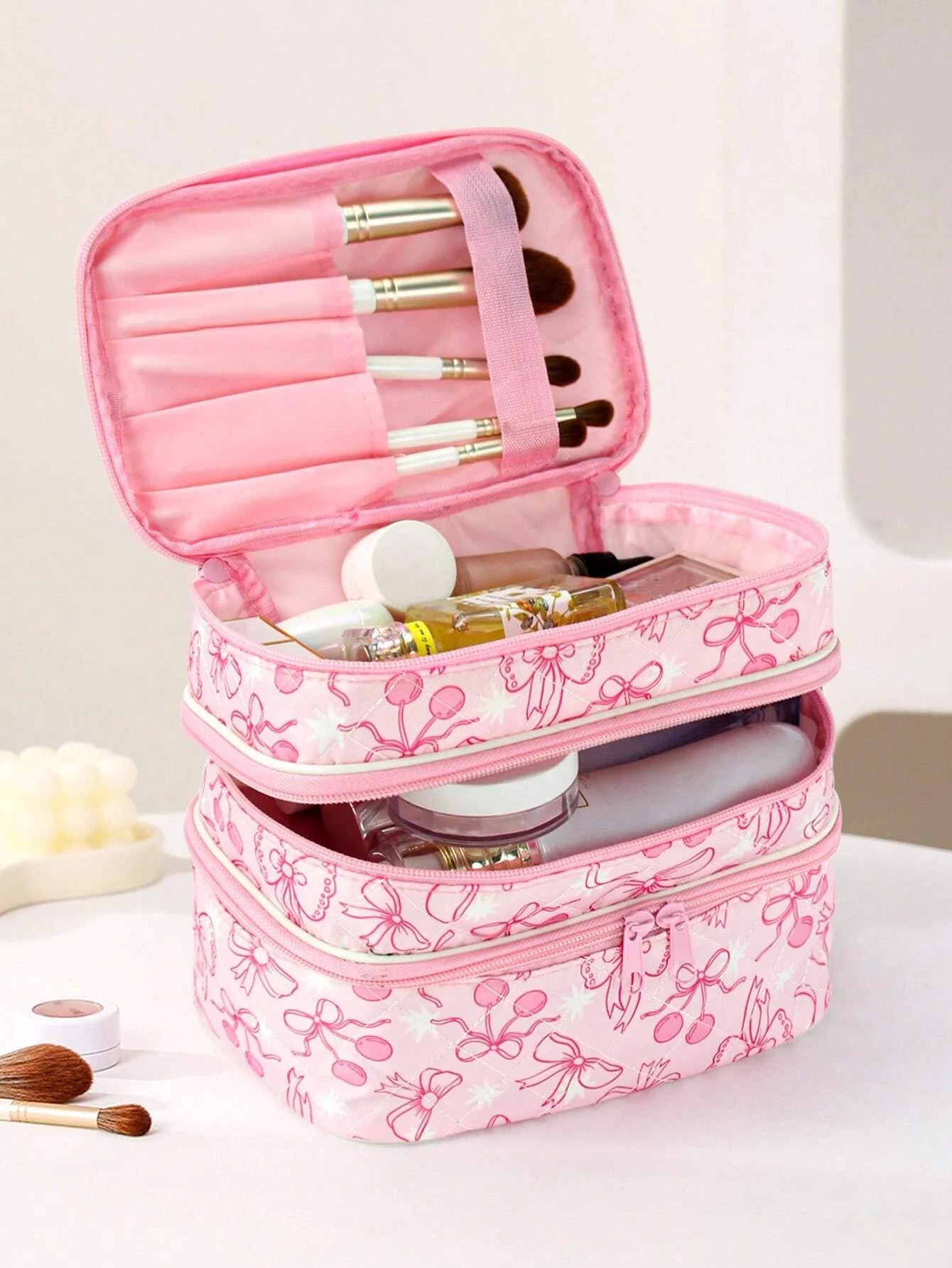 Ashley Baxter Artist Bow And Cherry Pattern Fashionable Kawaii Cute 3 Layers Cosmetic Bag For Storage, Square-Shaped Makeup Bags, For Holiday, New Year, Valentine's Day