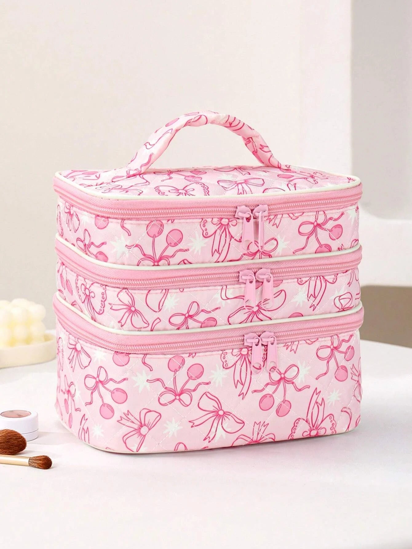Ashley Baxter Artist Bow And Cherry Pattern Fashionable Kawaii Cute 3 Layers Cosmetic Bag For Storage, Square-Shaped Makeup Bags, For Holiday, New Year, Valentine's Day