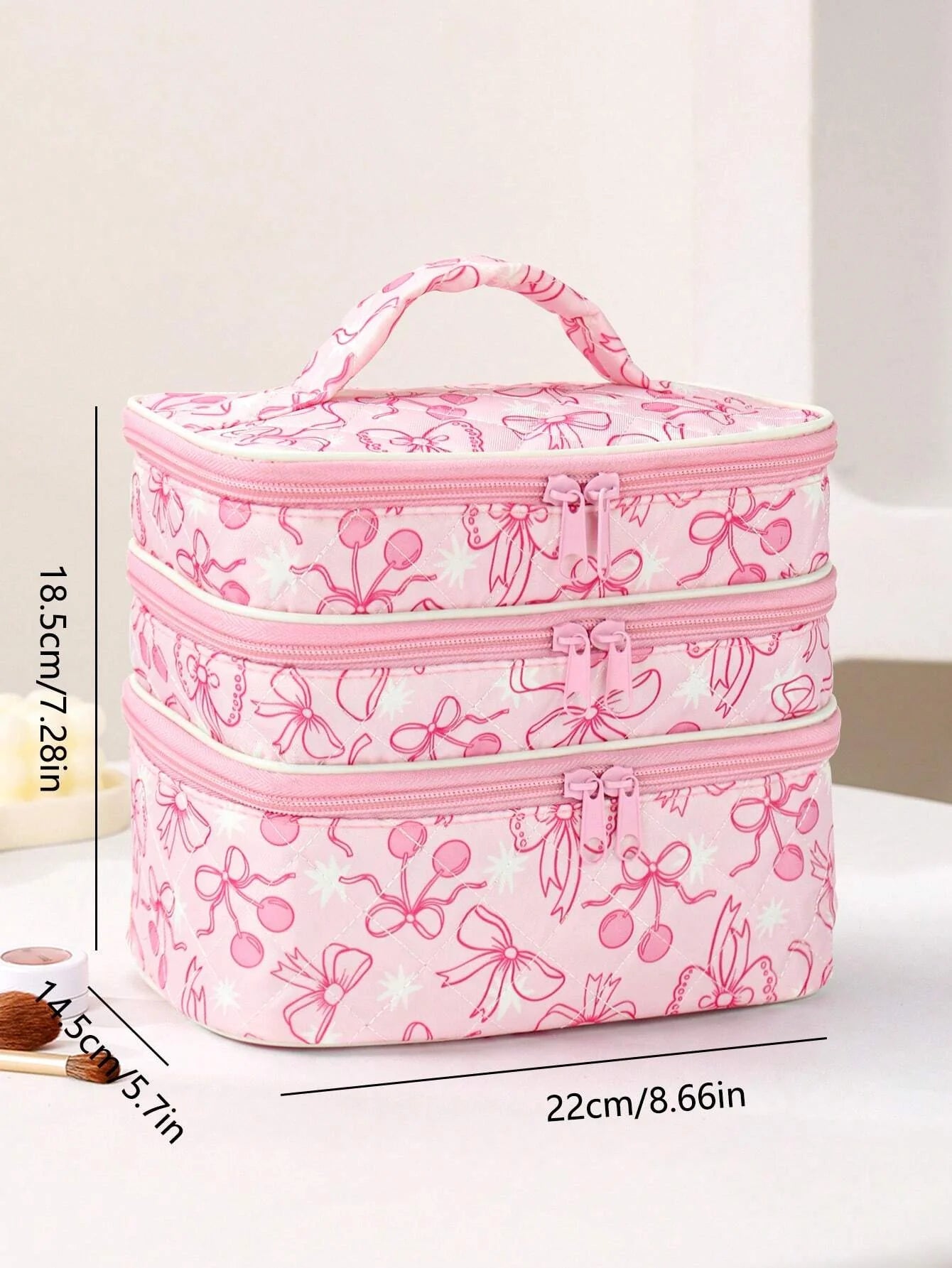 Ashley Baxter Artist Bow And Cherry Pattern Fashionable Kawaii Cute 3 Layers Cosmetic Bag For Storage, Square-Shaped Makeup Bags, For Holiday, New Year, Valentine's Day