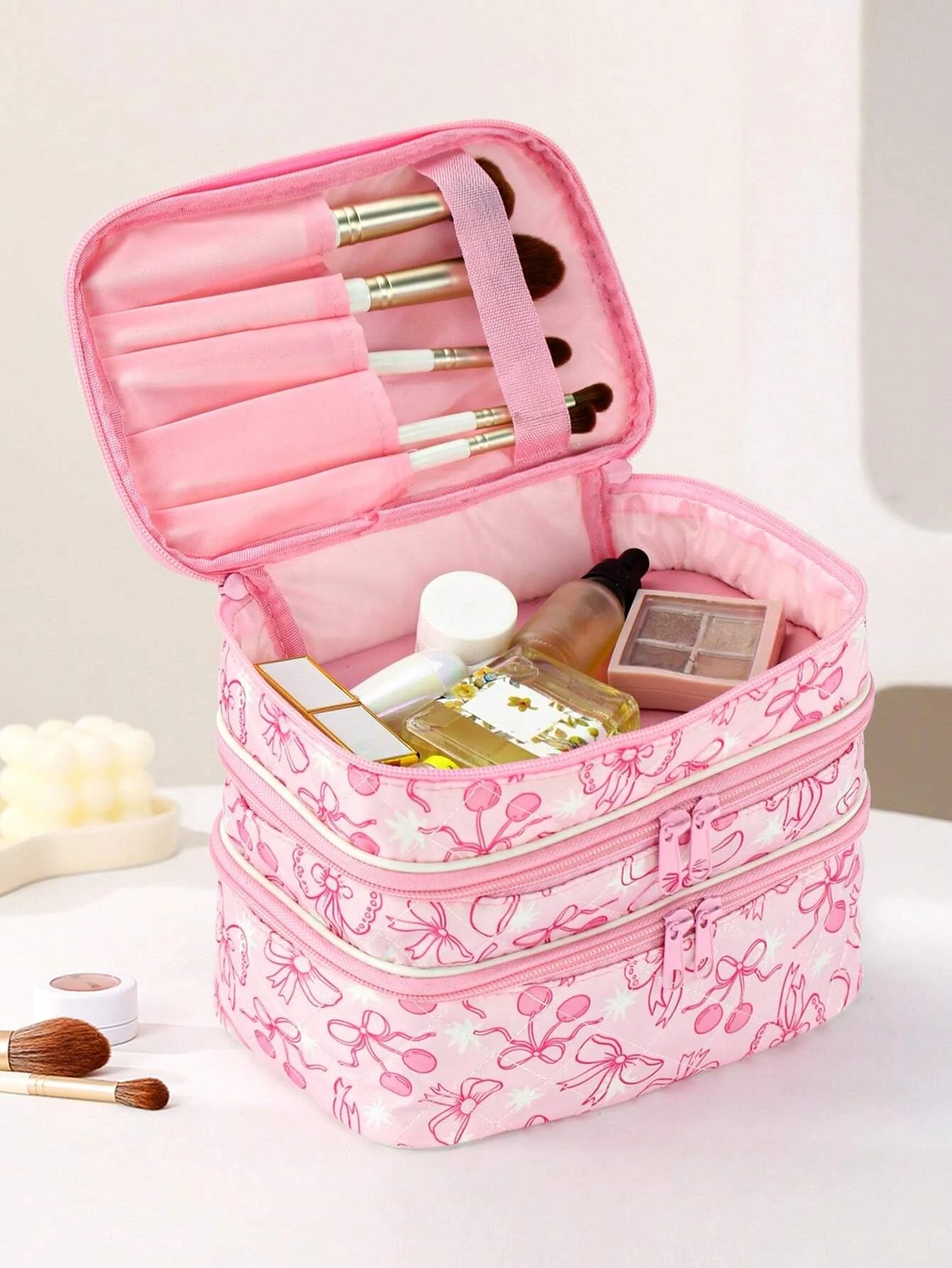 Ashley Baxter Artist Bow And Cherry Pattern Fashionable Kawaii Cute 3 Layers Cosmetic Bag For Storage, Square-Shaped Makeup Bags, For Holiday, New Year, Valentine's Day