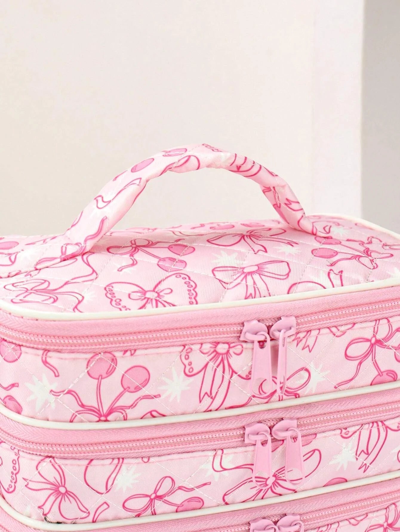 Ashley Baxter Artist Bow And Cherry Pattern Fashionable Kawaii Cute 3 Layers Cosmetic Bag For Storage, Square-Shaped Makeup Bags, For Holiday, New Year, Valentine's Day