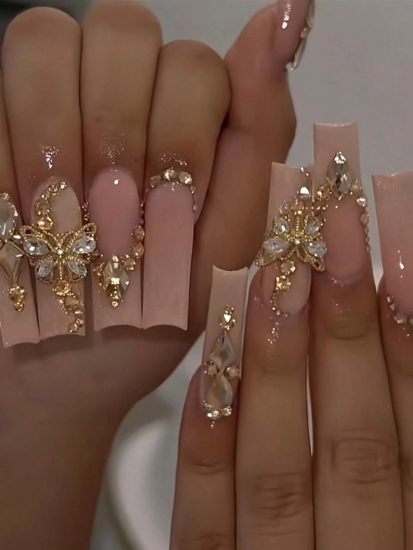 24pcs Luxury Extra Long Rectangular Nail Stickers, Decorated With 3D Golden Butterfly & Rhinestone Patterns, Champagne Warm Tones, Full Coverage, Suitable For Women, Girls, Parties, Dancing, Easy To Apply And Remove