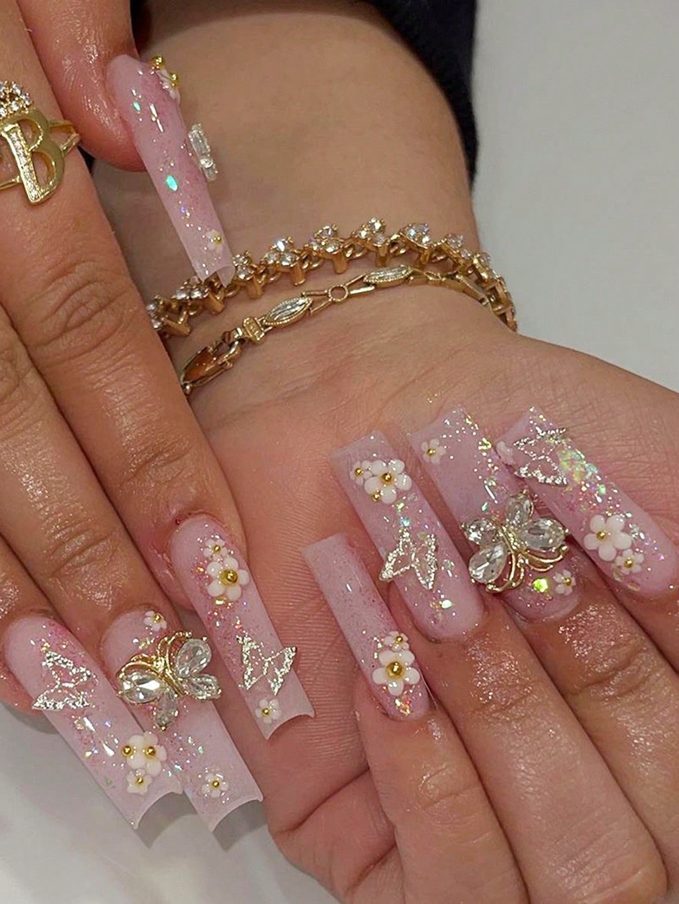 24pcs Luxury Extra Long Rectangular Nail Stickers, Decorated With 3D Golden Butterfly & Rhinestone Patterns, Champagne Warm Tones, Full Coverage, Suitable For Women, Girls, Parties, Dancing, Easy To Apply And Remove