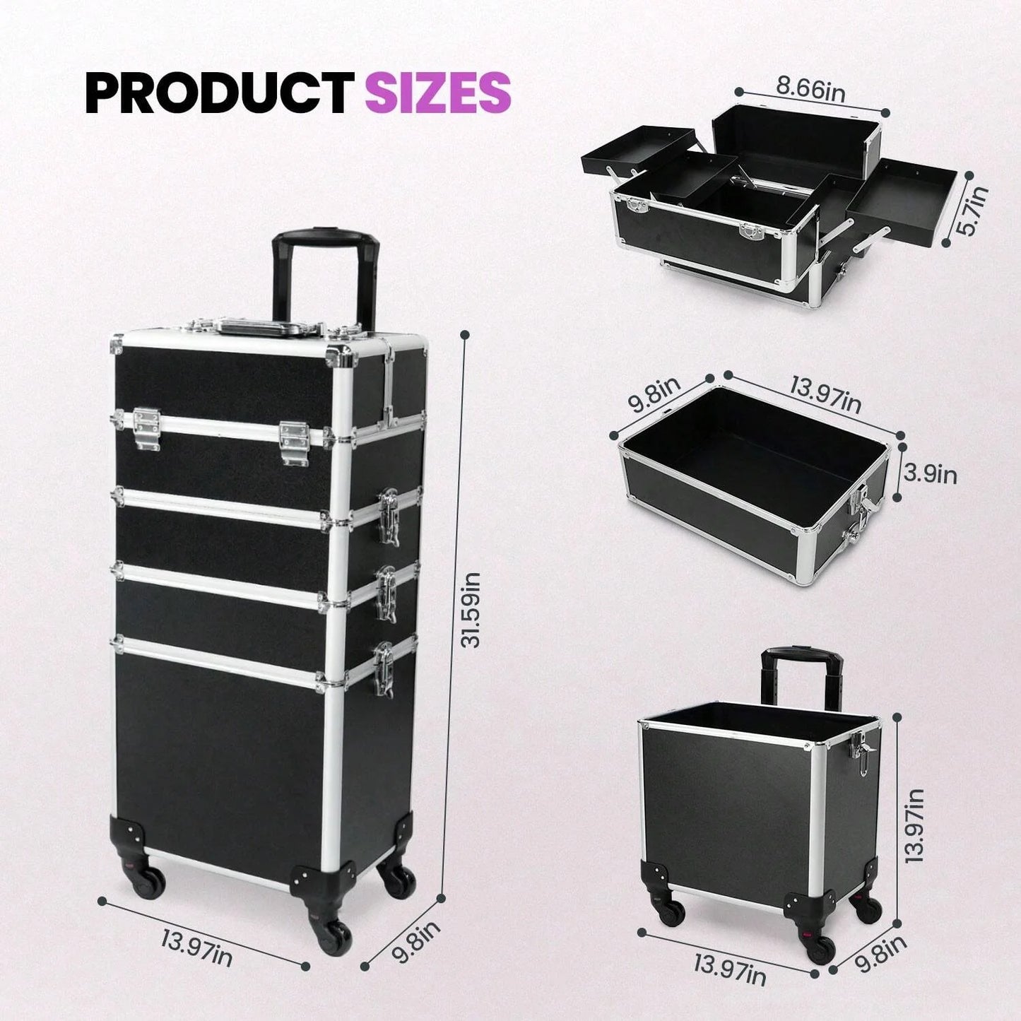 LocalRolling Makeup Train Case Large Storage Cosmetic Trolley 4 In 1 Large Capacity Trolley Makeup Travel Case Salon Barber Case Traveling Cart Trunk -Christmas Gift/Present For Lover/ Her/ Girlfriend/Mother/Women/Wife