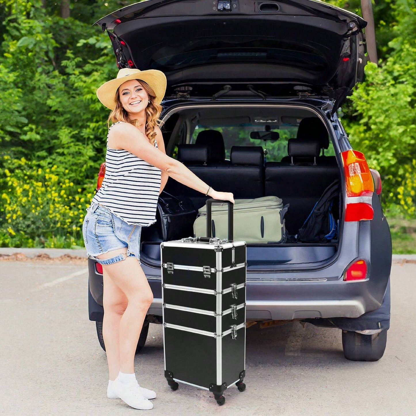 LocalRolling Makeup Train Case Large Storage Cosmetic Trolley 4 In 1 Large Capacity Trolley Makeup Travel Case Salon Barber Case Traveling Cart Trunk -Christmas Gift/Present For Lover/ Her/ Girlfriend/Mother/Women/Wife