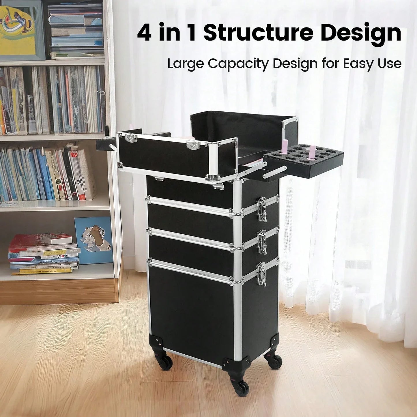 LocalRolling Makeup Train Case Large Storage Cosmetic Trolley 4 In 1 Large Capacity Trolley Makeup Travel Case Salon Barber Case Traveling Cart Trunk -Christmas Gift/Present For Lover/ Her/ Girlfriend/Mother/Women/Wife