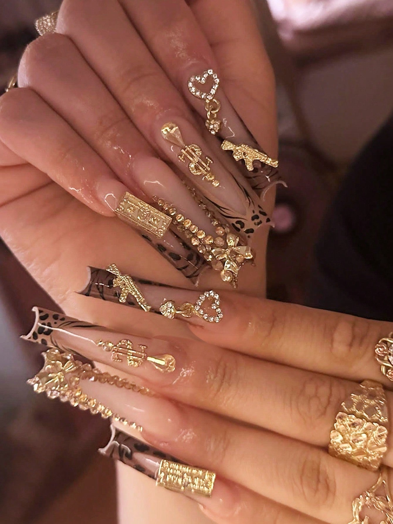 24pcs Luxury Extra Long Rectangular Nail Stickers, Decorated With 3D Golden Butterfly & Rhinestone Patterns, Champagne Warm Tones, Full Coverage, Suitable For Women, Girls, Parties, Dancing, Easy To Apply And Remove