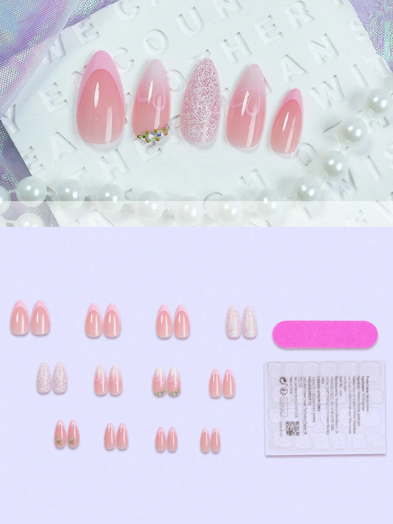 24pcs Medium Almond Shaped Press-On Nails, Romantic Pink Heart & Rhinestone Decor Artificial Nails, Create Romantic Style, Valentine's Day Manicure Gift