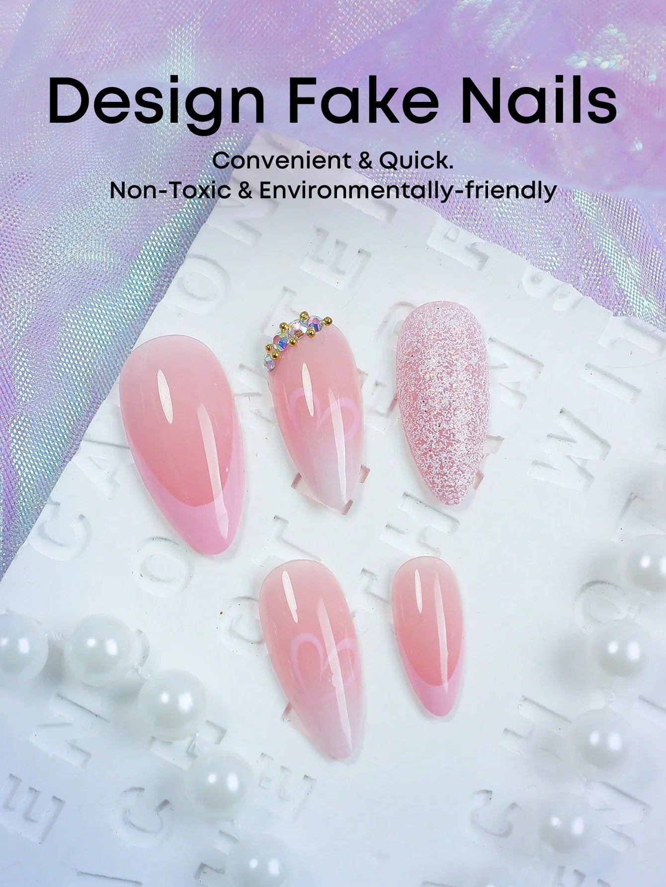 24pcs Medium Almond Shaped Press-On Nails, Romantic Pink Heart & Rhinestone Decor Artificial Nails, Create Romantic Style, Valentine's Day Manicure Gift