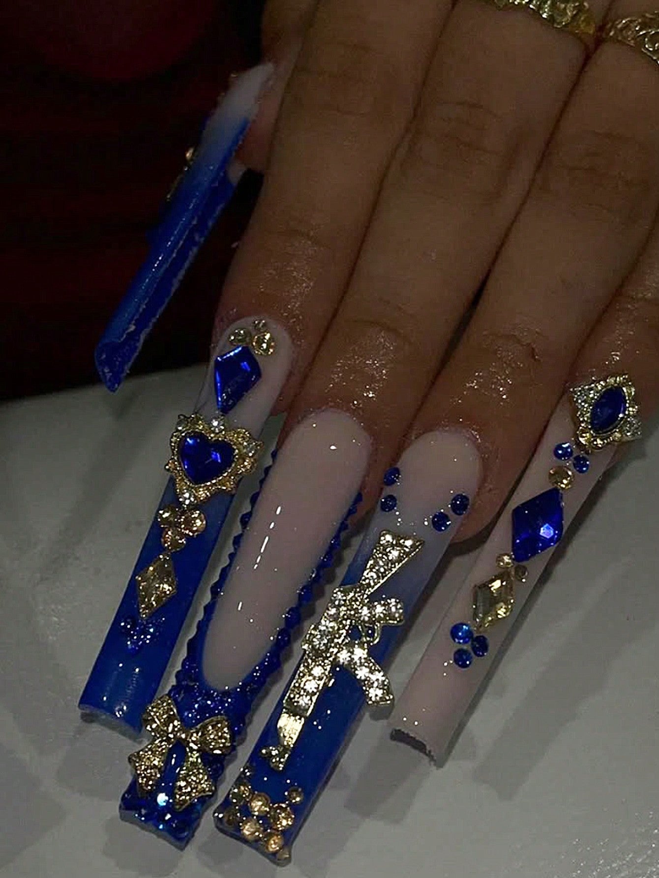 24pcs Luxury Extra Long Rectangular Nail Stickers, Decorated With 3D Golden Butterfly & Rhinestone Patterns, Champagne Warm Tones, Full Coverage, Suitable For Women, Girls, Parties, Dancing, Easy To Apply And Remove