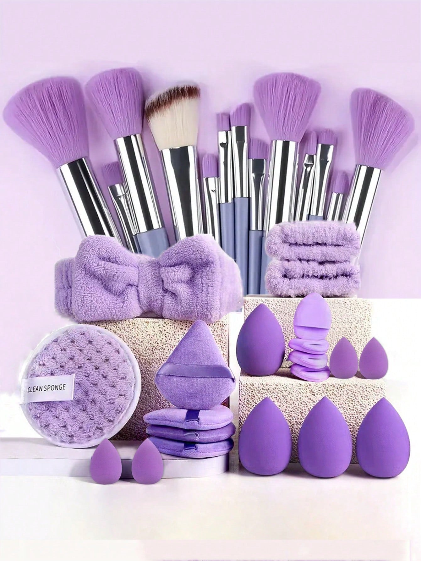 33pcs Makeup Tools Set Including:13PCS Makeup Brush Set+4PCS Makeup Sponges+4PCS Mini Makeup Sponges+4PCS Triangle Powder Puffs+4PCS Mini Air Cushion Powder Puffs+1pc Facial Cleansing Sponges+1pc Hairband+2PCS Hand Bowl Strap Makeup Brush Random Color,Bru