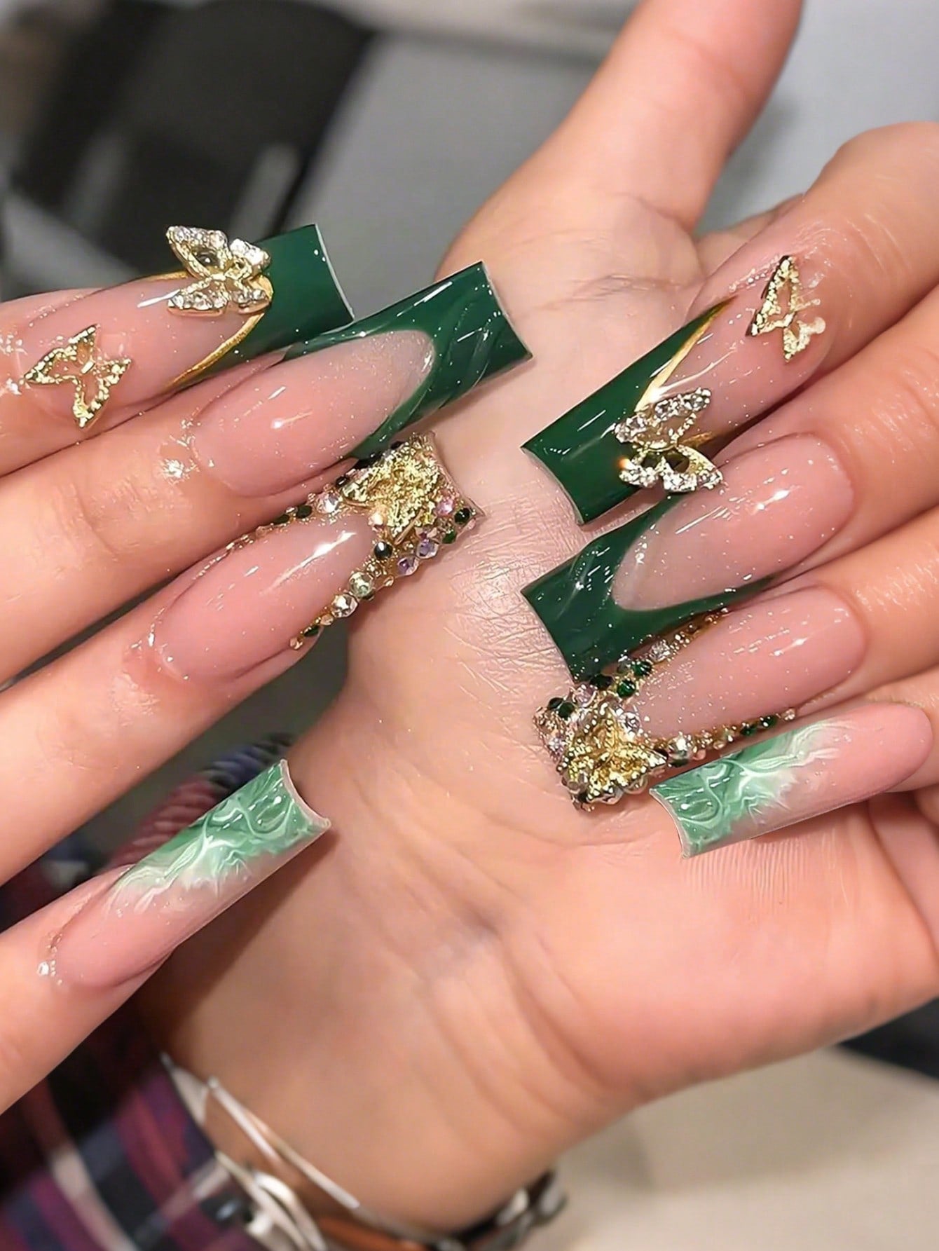 24pcs Luxury Extra Long Rectangular Nail Stickers, Decorated With 3D Golden Butterfly & Rhinestone Patterns, Champagne Warm Tones, Full Coverage, Suitable For Women, Girls, Parties, Dancing, Easy To Apply And Remove