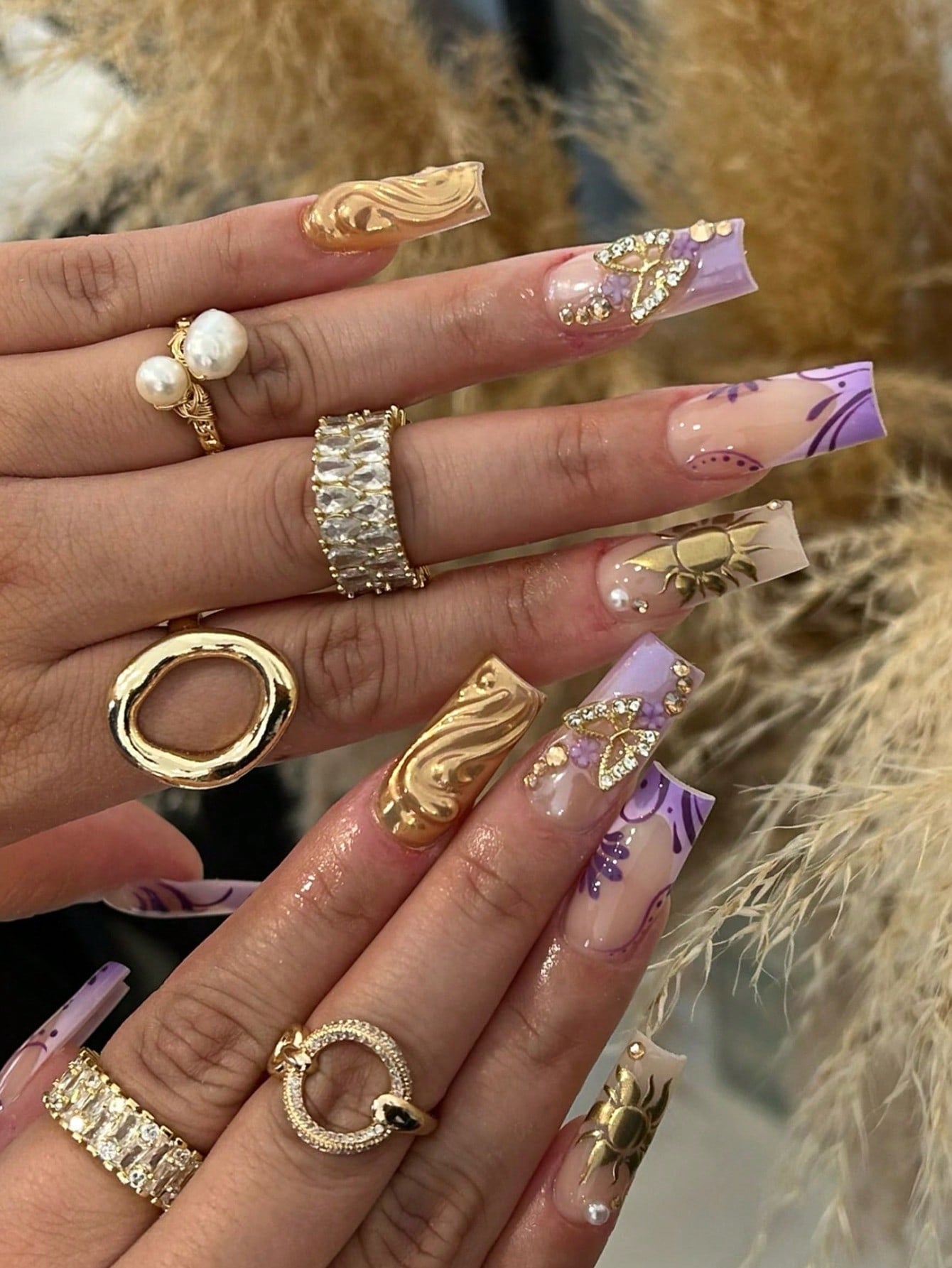 24pcs Luxury Extra Long Rectangular Nail Stickers, Decorated With 3D Golden Butterfly & Rhinestone Patterns, Champagne Warm Tones, Full Coverage, Suitable For Women, Girls, Parties, Dancing, Easy To Apply And Remove