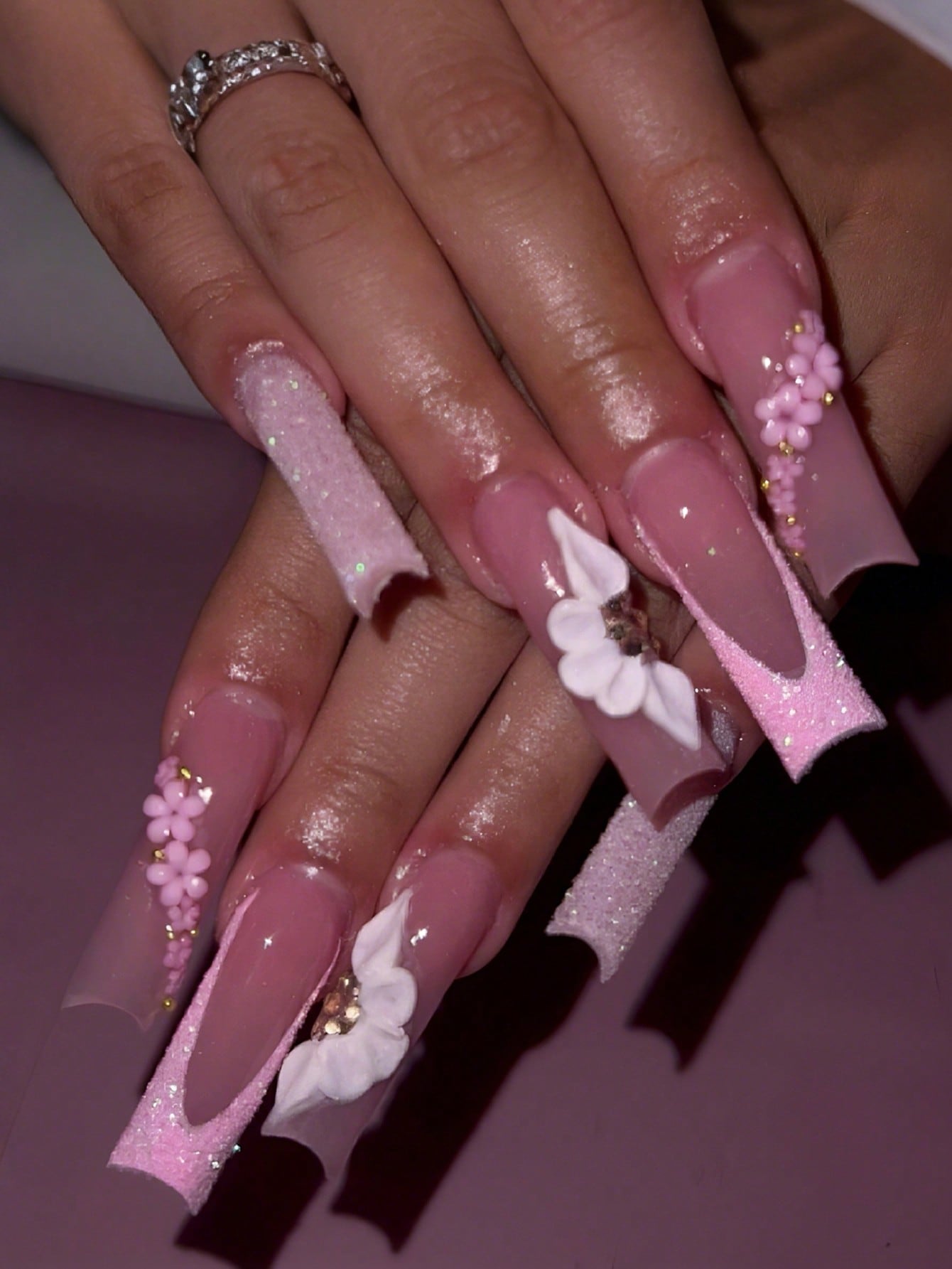 24pcs Luxury Extra Long Rectangular Nail Stickers, Decorated With 3D Golden Butterfly & Rhinestone Patterns, Champagne Warm Tones, Full Coverage, Suitable For Women, Girls, Parties, Dancing, Easy To Apply And Remove