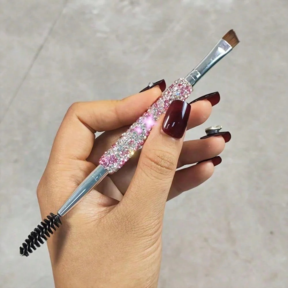 Local1pc Luxury Makeup Brush - Dual-Ended, Sparkling Rhinestone Handle, Nylon Bristles For Eyebrows & Eyeliner, Portable Travel Size