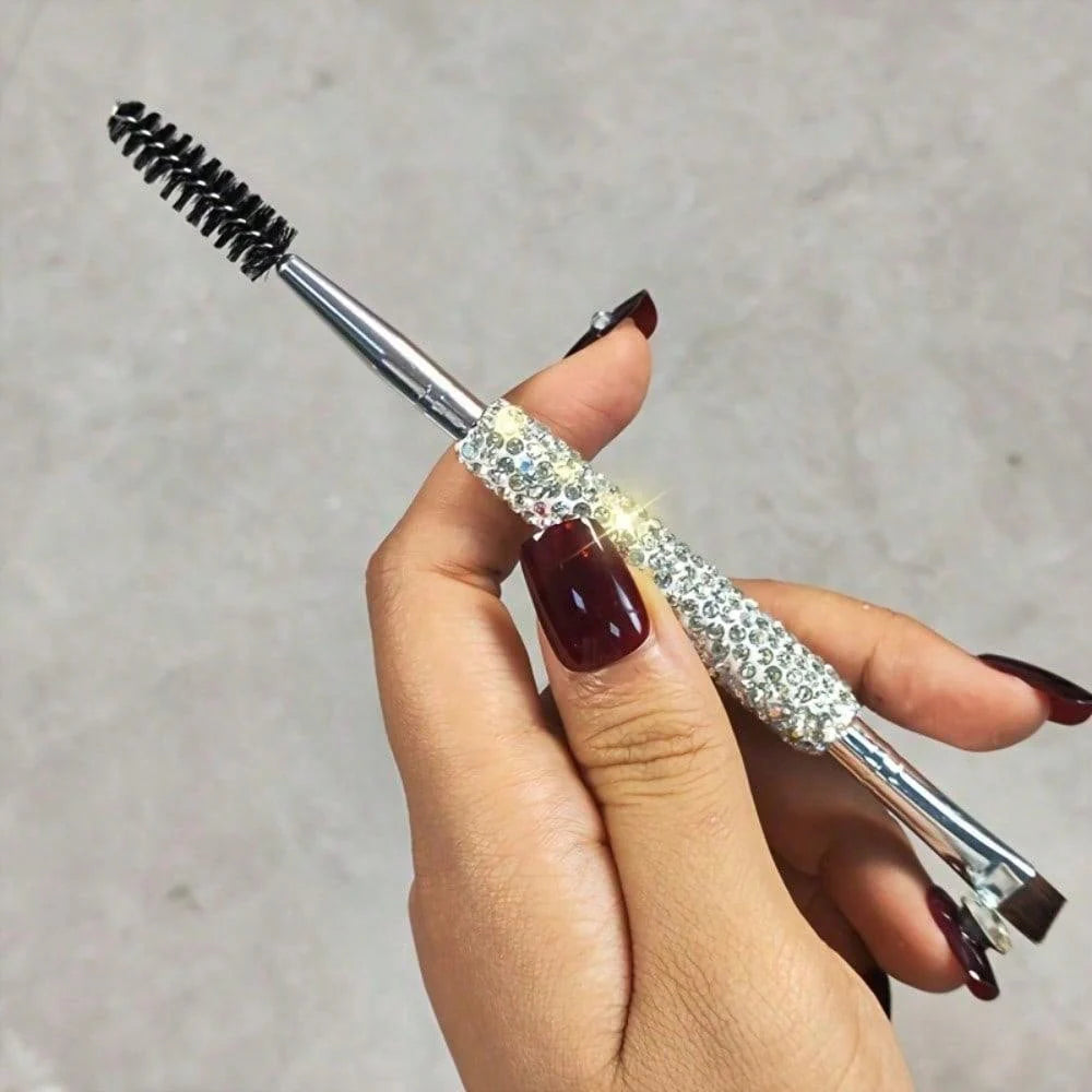Local1pc Luxury Makeup Brush - Dual-Ended, Sparkling Rhinestone Handle, Nylon Bristles For Eyebrows & Eyeliner, Portable Travel Size