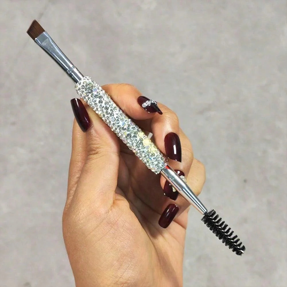 Local1pc Luxury Makeup Brush - Dual-Ended, Sparkling Rhinestone Handle, Nylon Bristles For Eyebrows & Eyeliner, Portable Travel Size