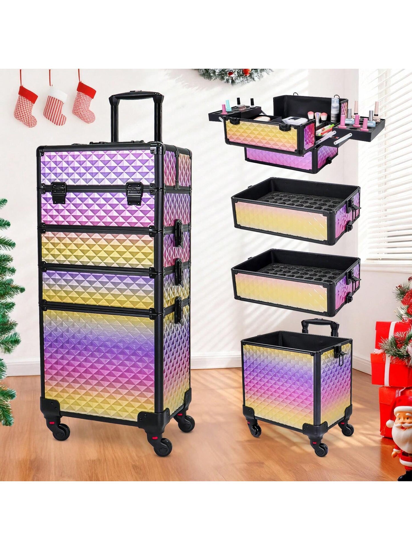 LocalRolling Makeup Train Case Large Storage Cosmetic Trolley 4 In 1 Large Capacity Trolley Makeup Travel Case Salon Barber Case Traveling Cart Trunk -Christmas Gift/Present For Lover/ Her/ Girlfriend/Mother/Women/Wife