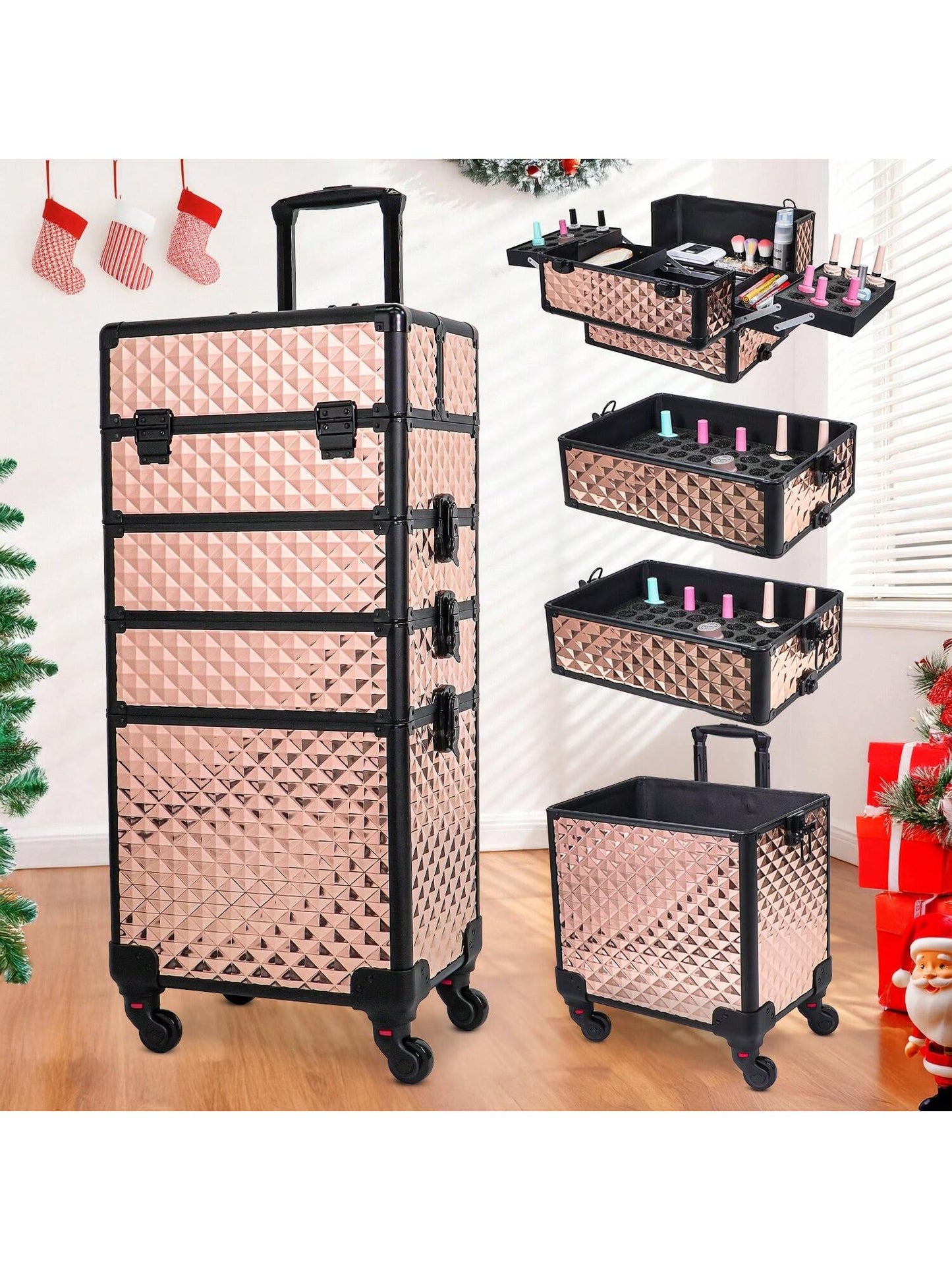 LocalRolling Makeup Train Case Large Storage Cosmetic Trolley 4 In 1 Large Capacity Trolley Makeup Travel Case Salon Barber Case Traveling Cart Trunk -Christmas Gift/Present For Lover/ Her/ Girlfriend/Mother/Women/Wife