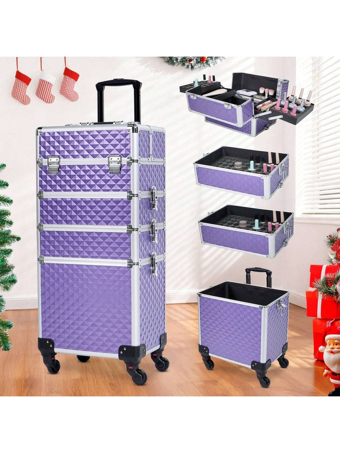 LocalRolling Makeup Train Case Large Storage Cosmetic Trolley 4 In 1 Large Capacity Trolley Makeup Travel Case Salon Barber Case Traveling Cart Trunk -Christmas Gift/Present For Lover/ Her/ Girlfriend/Mother/Women/Wife