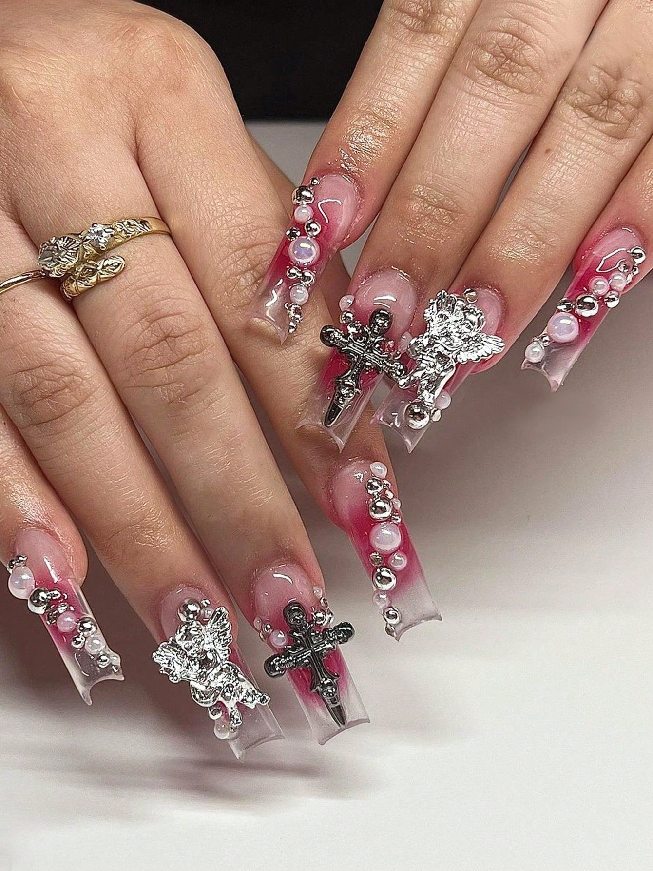 24pcs Luxury Extra Long Rectangular Nail Stickers, Decorated With 3D Golden Butterfly & Rhinestone Patterns, Champagne Warm Tones, Full Coverage, Suitable For Women, Girls, Parties, Dancing, Easy To Apply And Remove