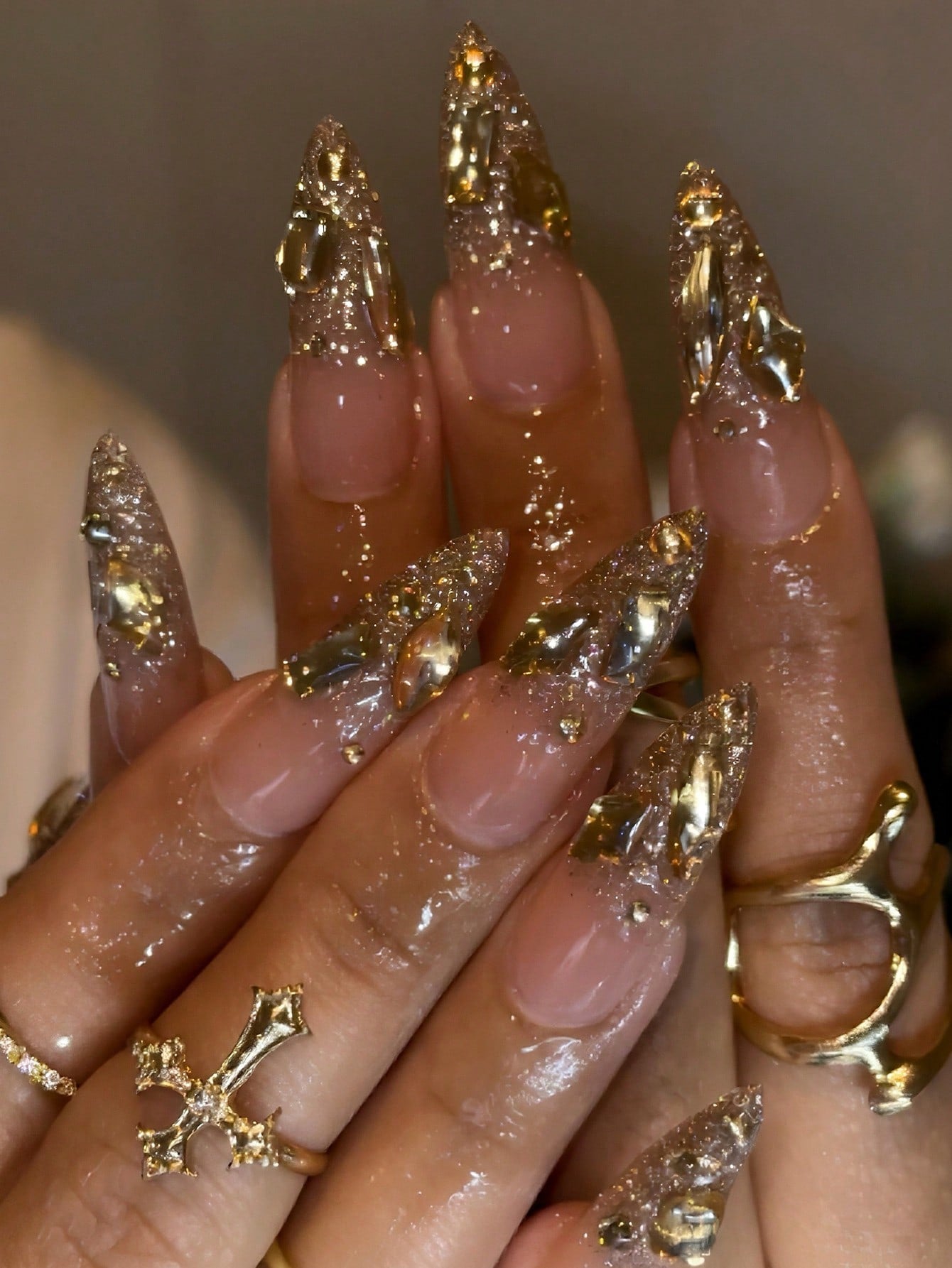 24pcs Luxury Extra Long Rectangular Nail Stickers, Decorated With 3D Golden Butterfly & Rhinestone Patterns, Champagne Warm Tones, Full Coverage, Suitable For Women, Girls, Parties, Dancing, Easy To Apply And Remove