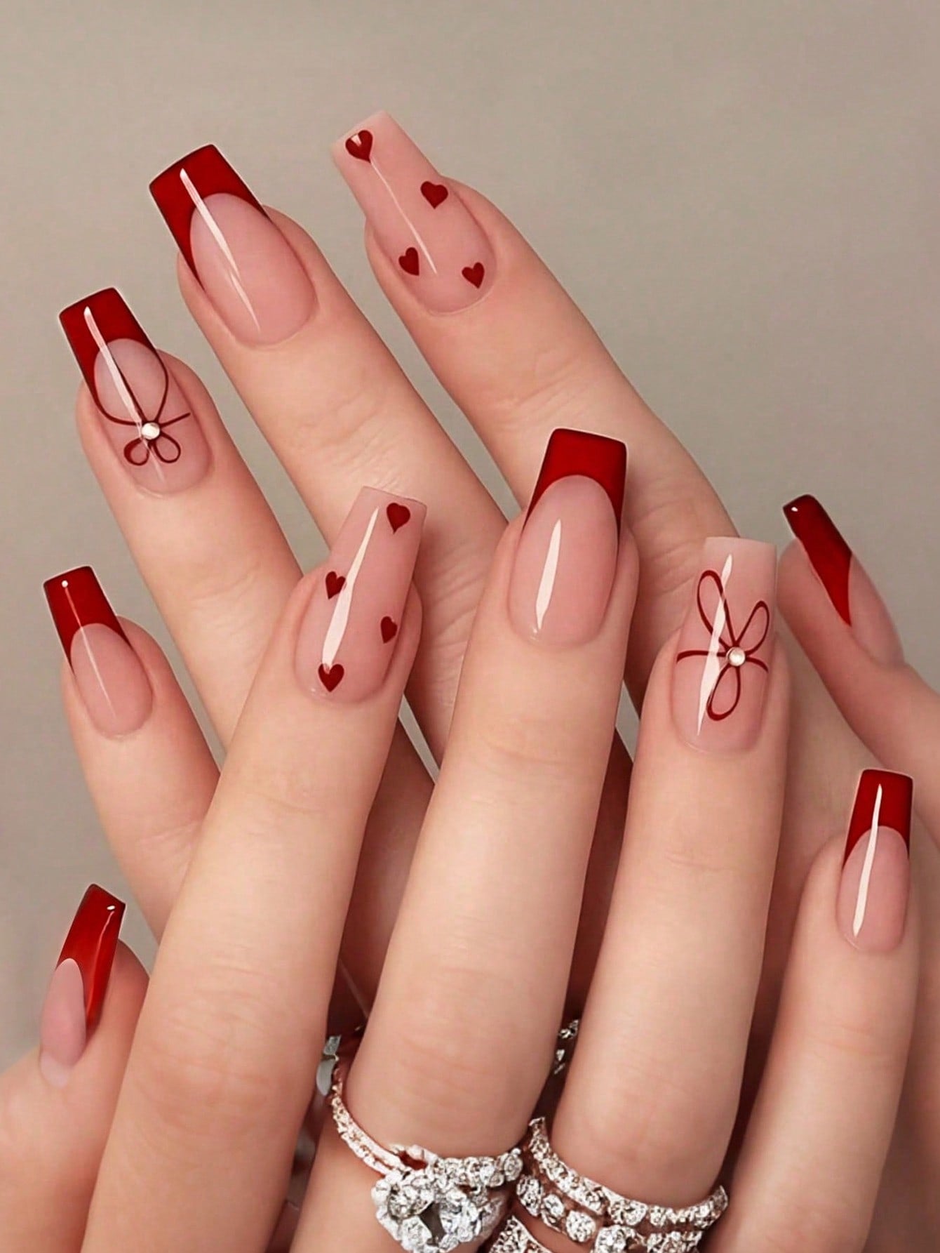 24pcs Medium Almond Shaped Press-On Nails, Romantic Pink Heart & Rhinestone Decor Artificial Nails, Create Romantic Style, Valentine's Day Manicure Gift