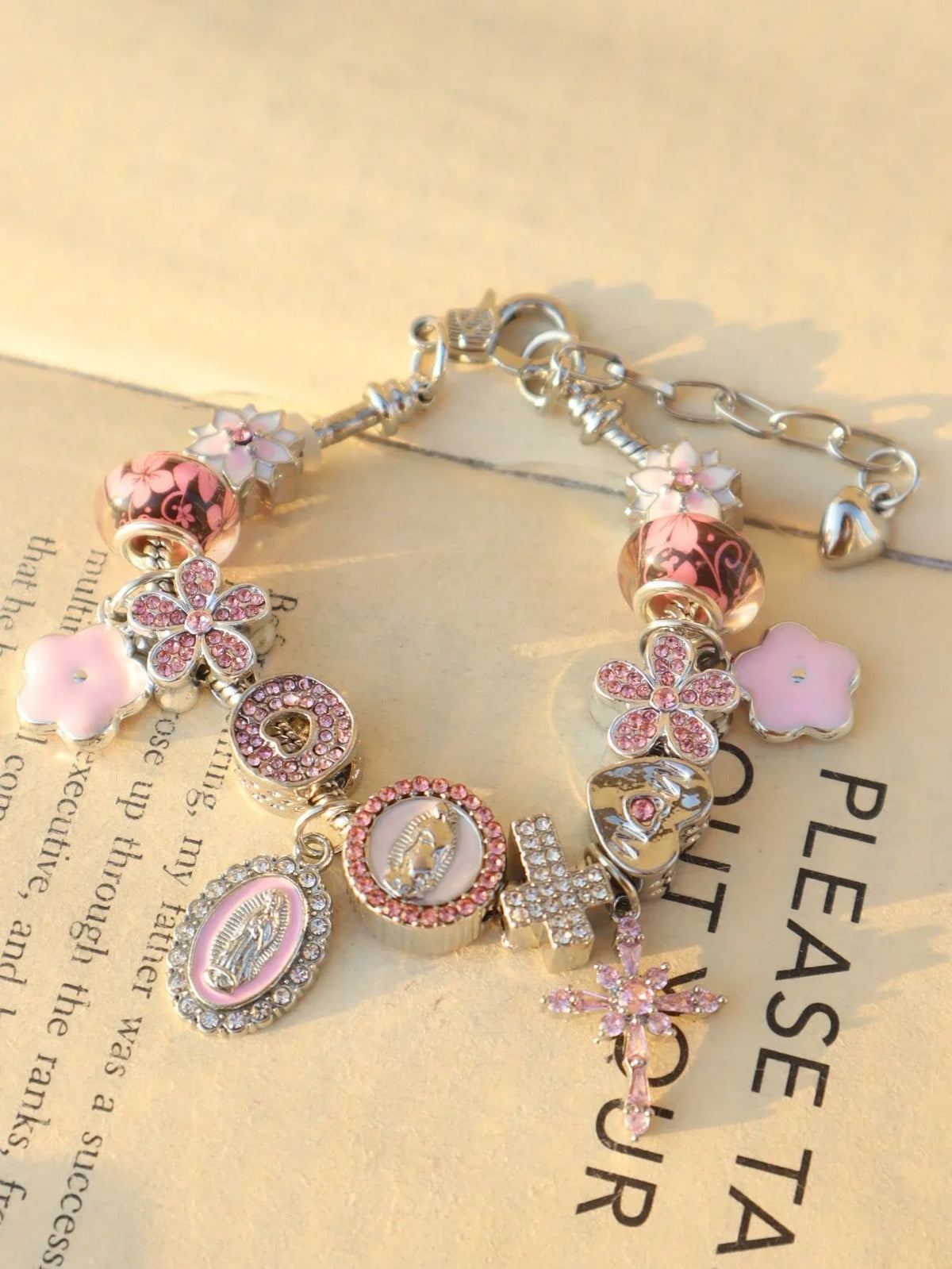 Heart Cherry Blossom Charm Bracelet