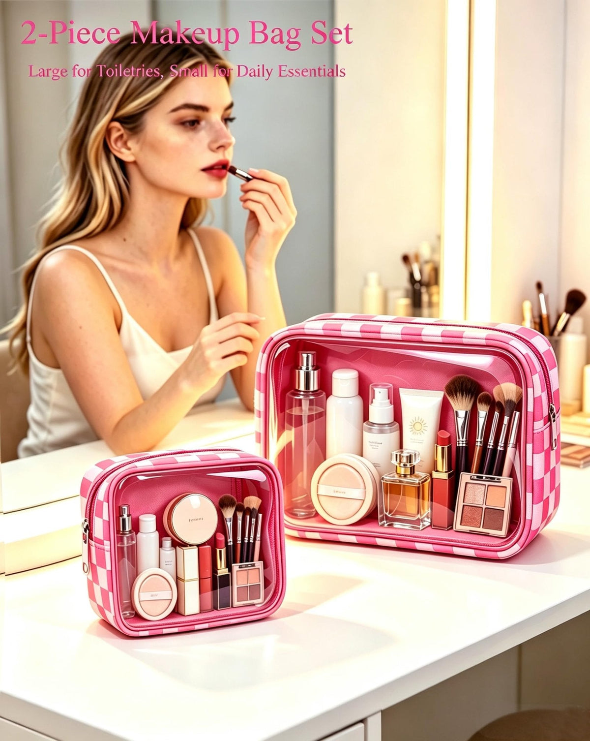 2 Pcs Clear Checkered Makeup Bag Set, Large Capacity Cosmetic Case Waterproof Travel Toiletry Bag Organizer Portable Makeup Pouch for Purse Small Make Up Bag Car Bag for Essentials (Mini+Large Rose)