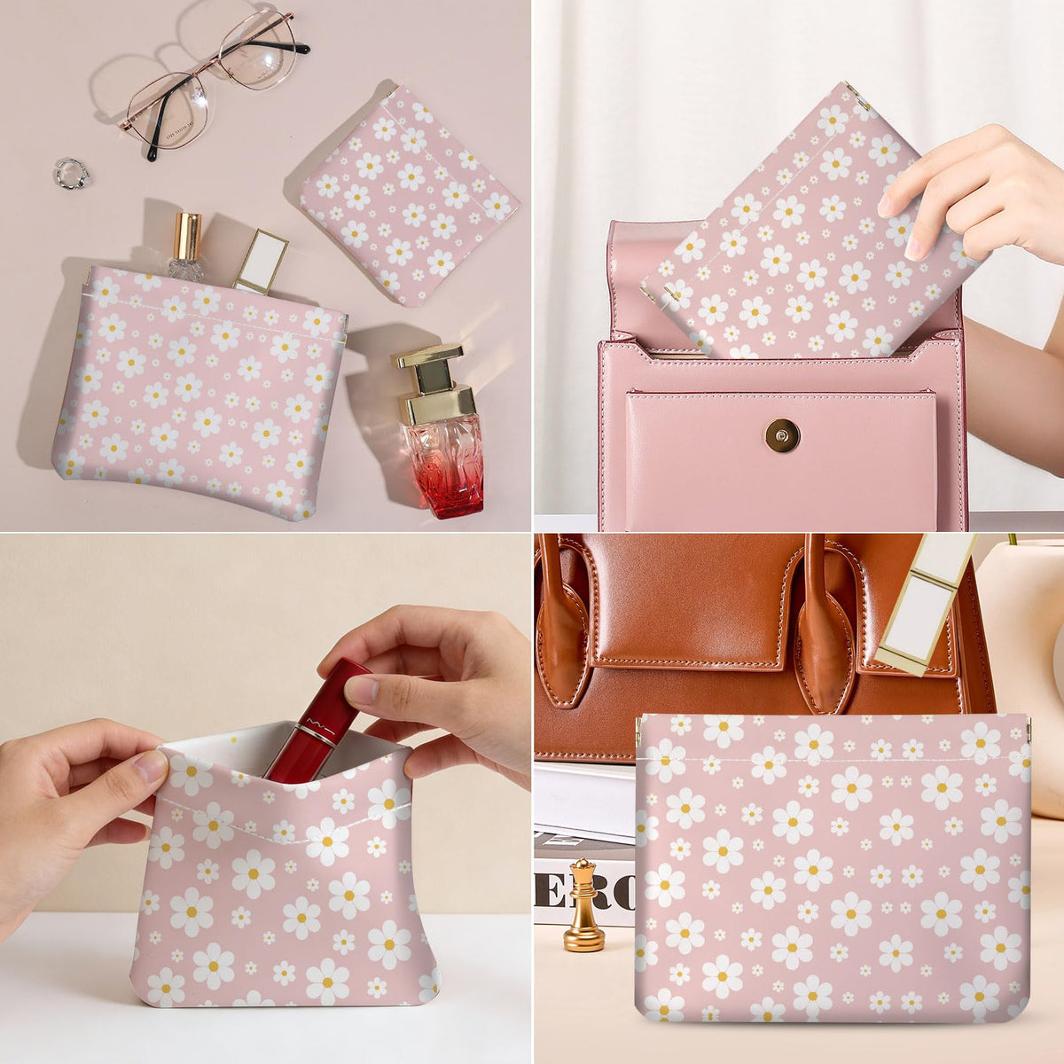 2 PCS PU Leather Small Makeup Bag Set for Purse,No Zipper Self-closing Cosmetic Bag, Portable Coin Purse Lipstick Accessories Organizer Travel Toiletry Storage Pouch for Women,pinkish-white flowers