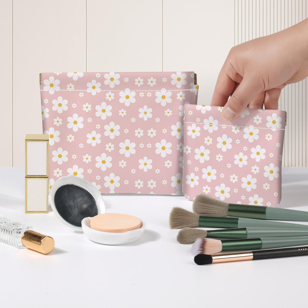 2 PCS PU Leather Small Makeup Bag Set for Purse,No Zipper Self-closing Cosmetic Bag, Portable Coin Purse Lipstick Accessories Organizer Travel Toiletry Storage Pouch for Women,pinkish-white flowers