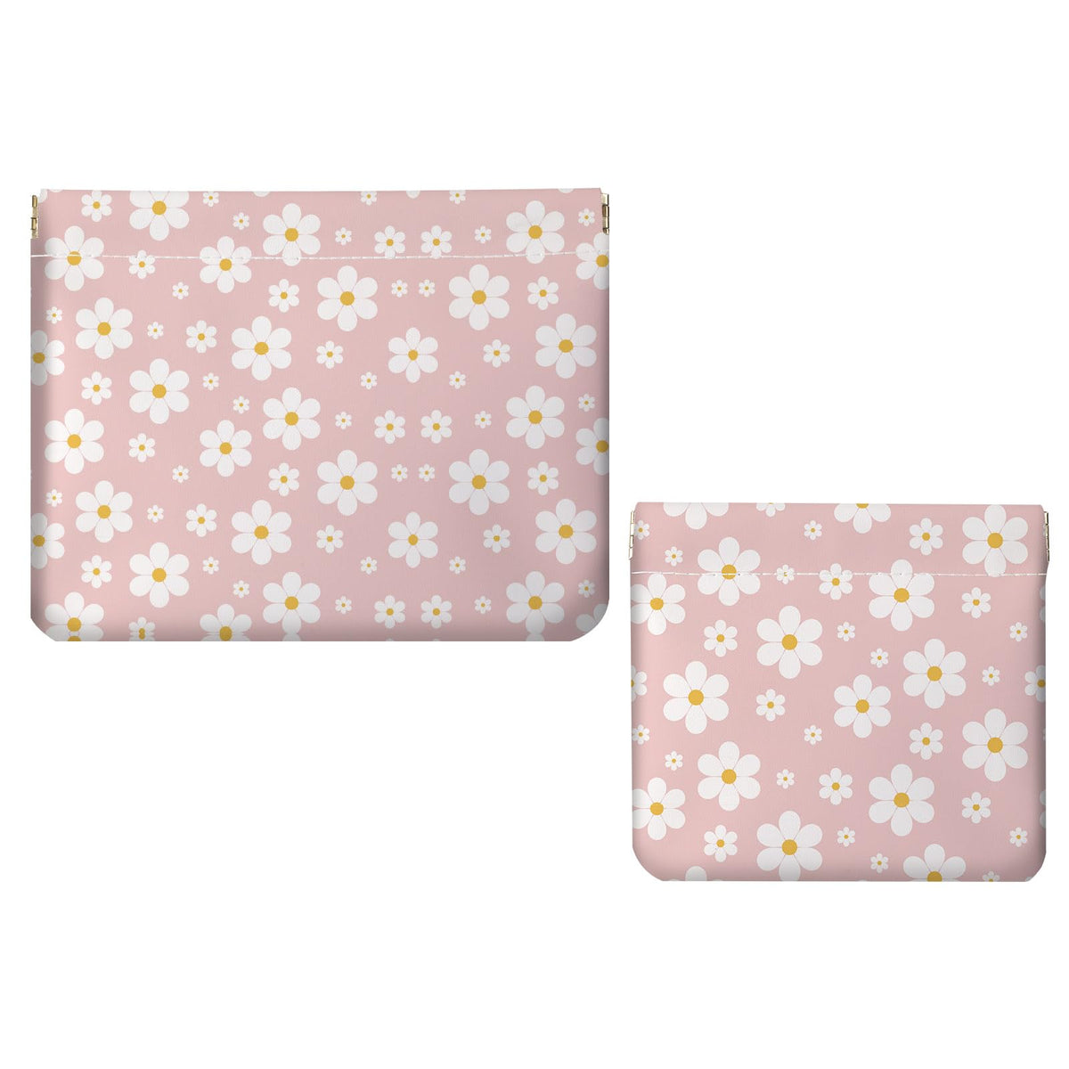 2 PCS PU Leather Small Makeup Bag Set for Purse,No Zipper Self-closing Cosmetic Bag, Portable Coin Purse Lipstick Accessories Organizer Travel Toiletry Storage Pouch for Women,pinkish-white flowers